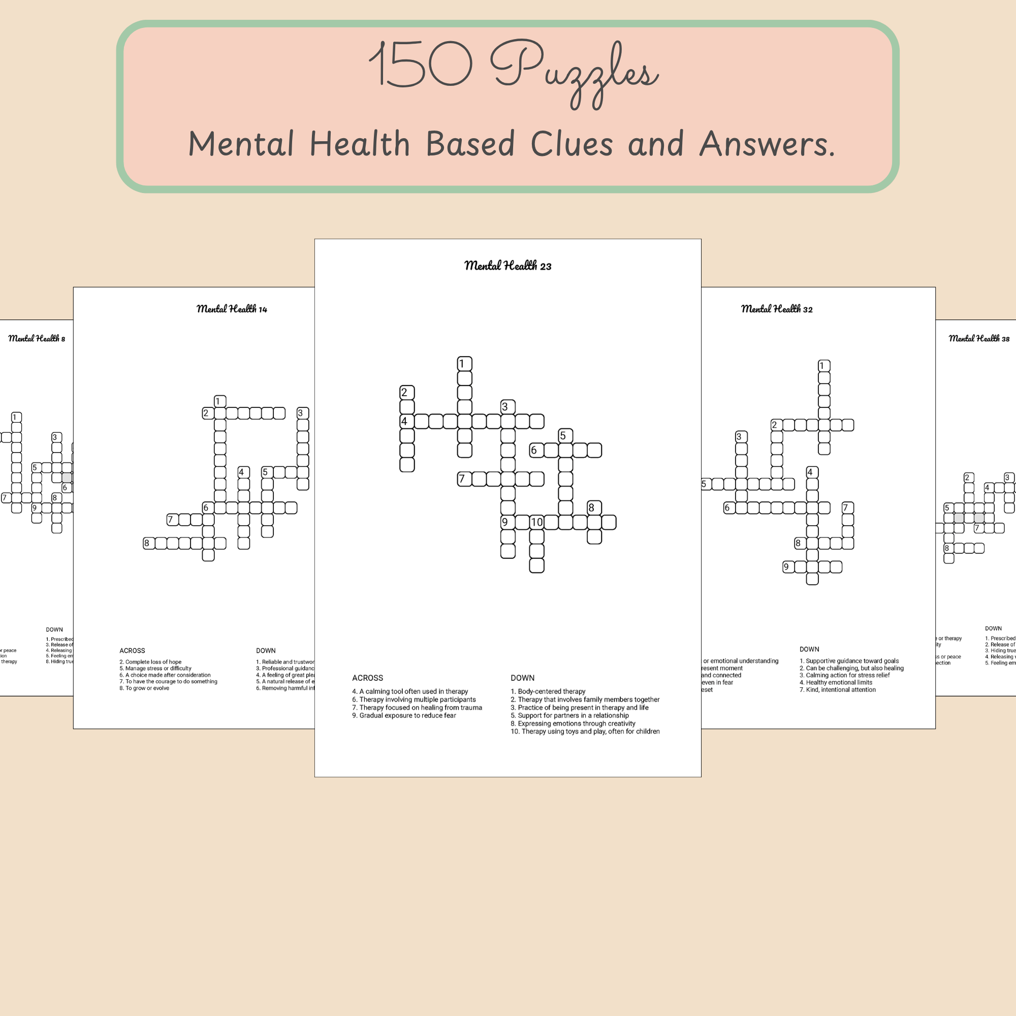 Mental Health Crossword Puzzle Book PDF | 150 Printable Puzzles + Answers - Image 2