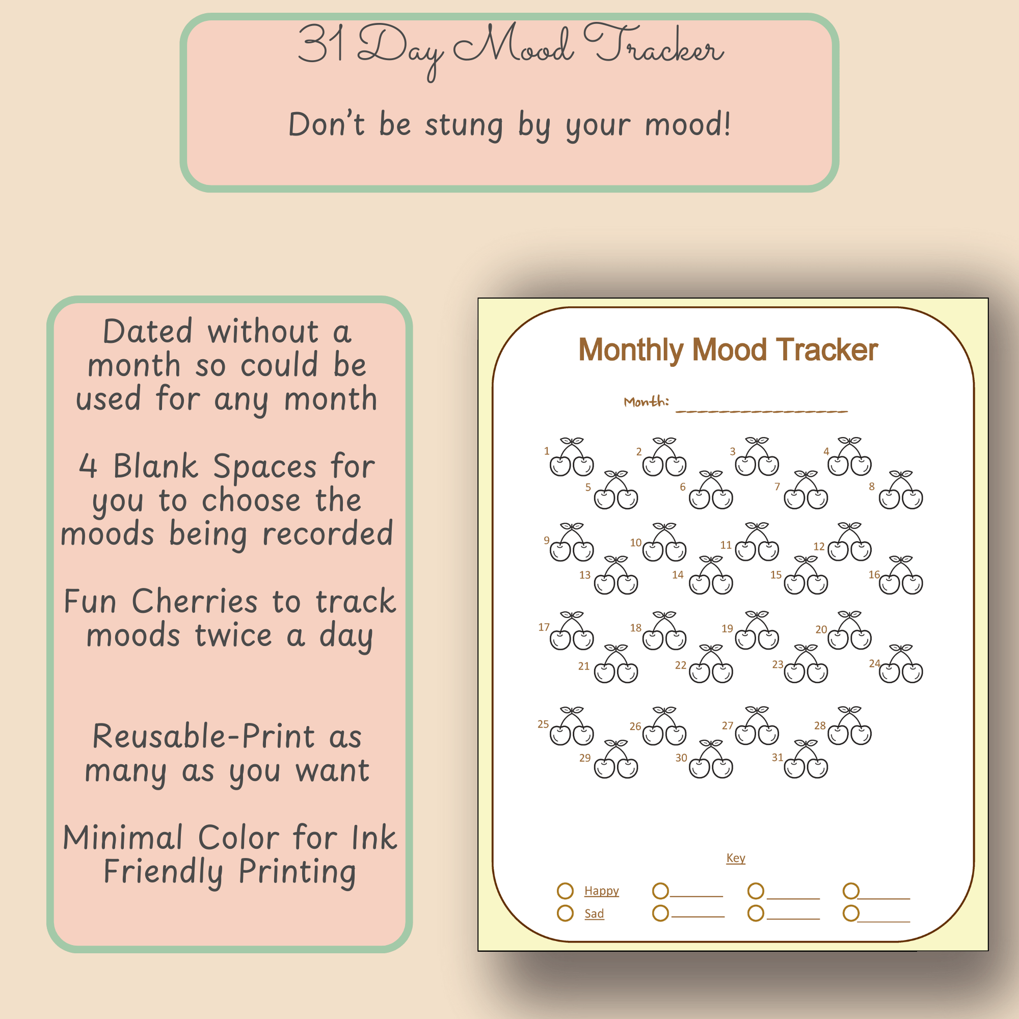 Printable Monthly Mood Tracker – Cherries Theme – Letter Size PDF - Image 2