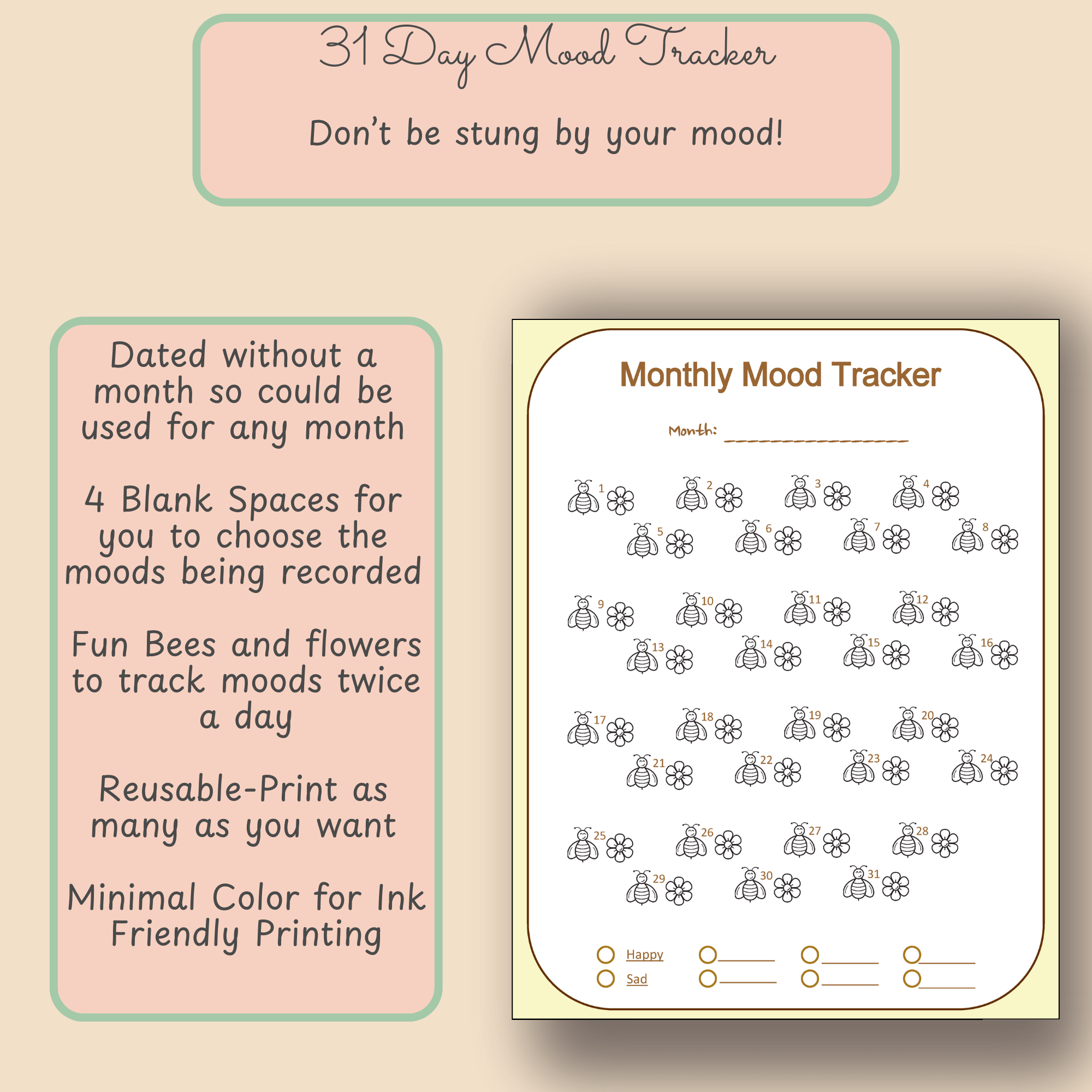 Printable Monthly Mood Tracker – Bees Theme – Letter Size PDF - Image 2