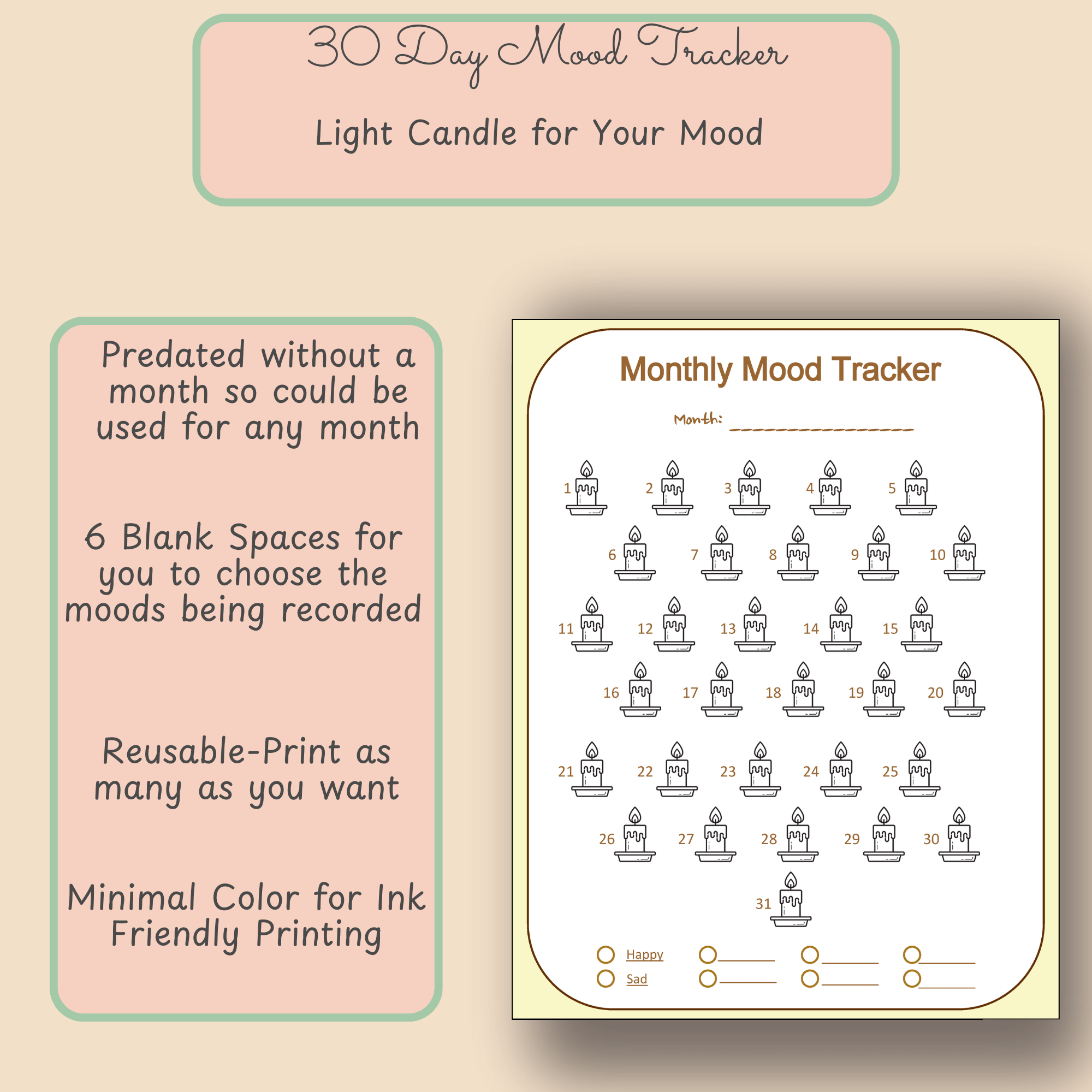 Printable Monthly Mood Tracker – Candle Theme – Letter Size PDF - Image 5