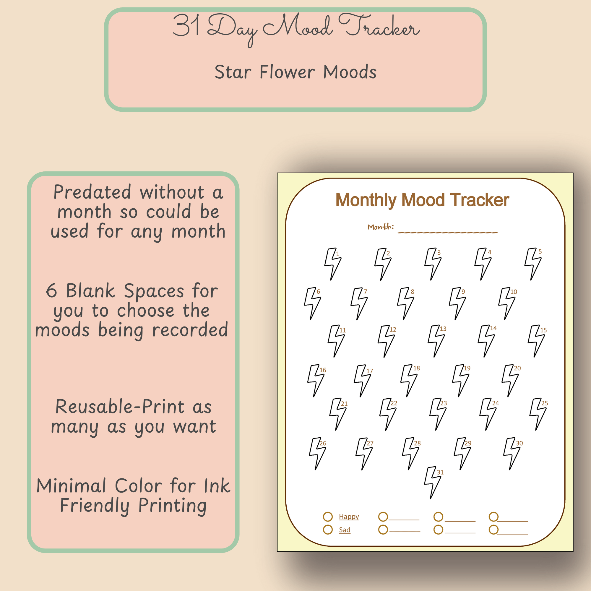 Printable Monthly Mood Tracker – Lightning Bolts Theme – Letter Size PDF - Image 2