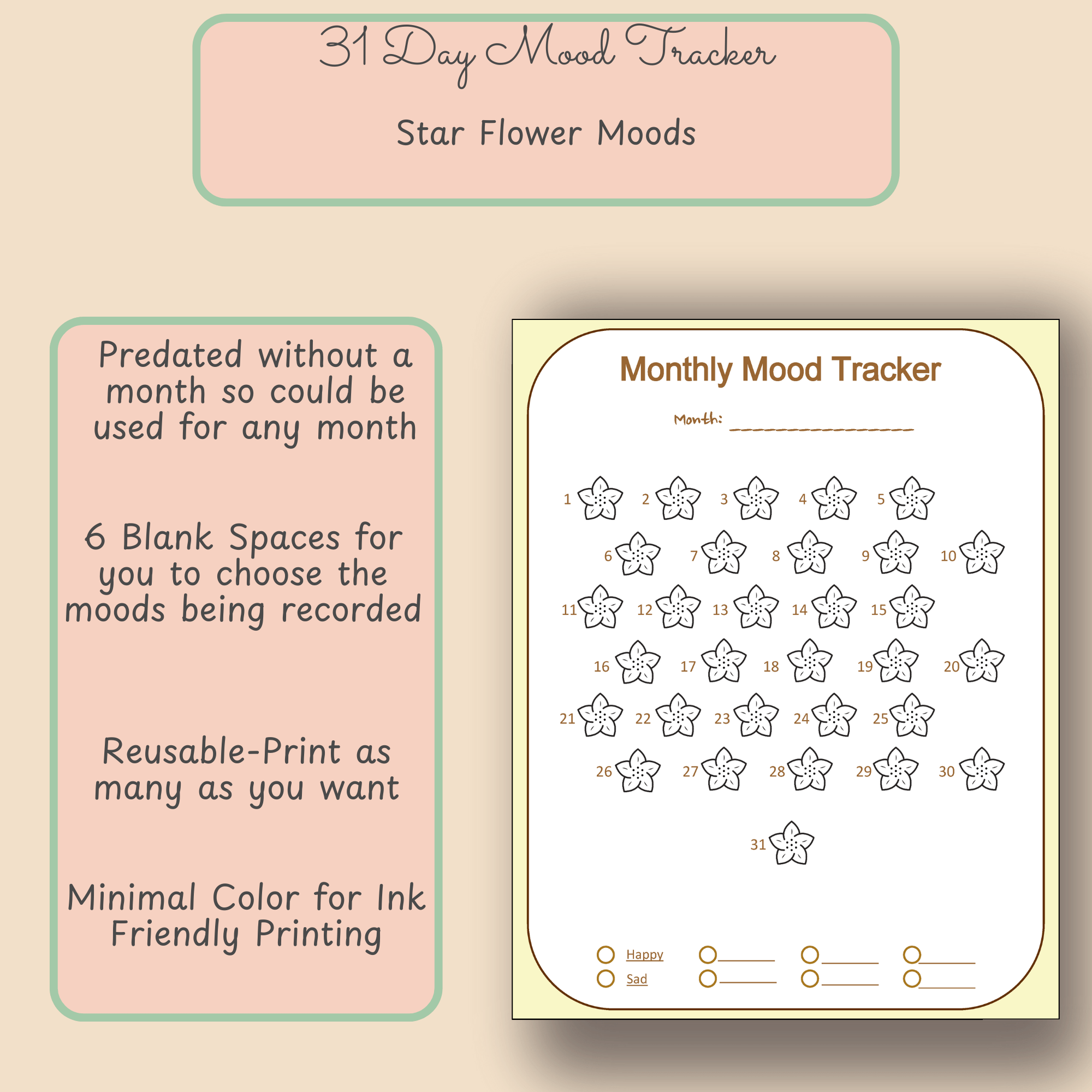 Printable Monthly Mood Tracker – Star Flower Theme – Letter Size PDF - Image 2