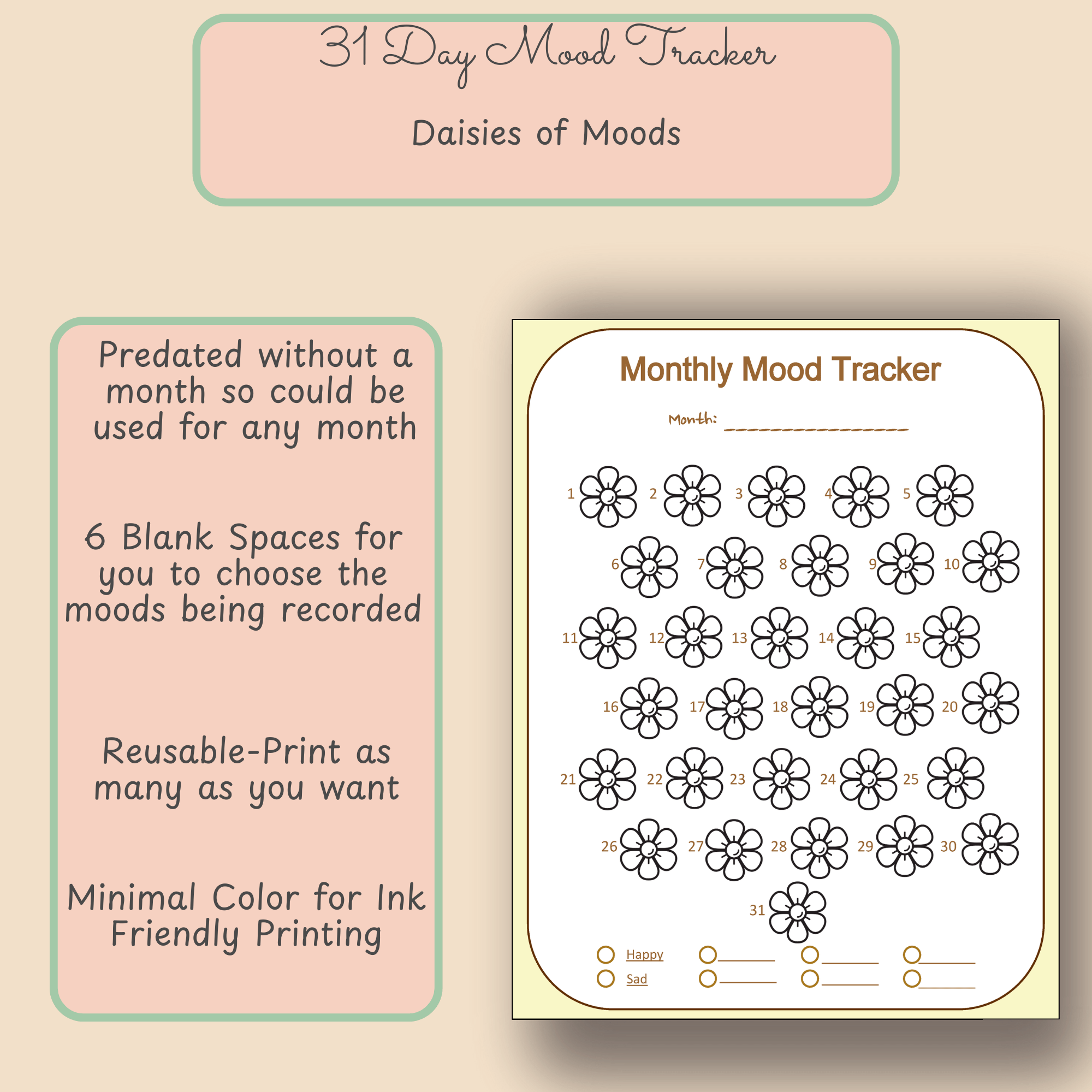 Printable Monthly Mood Tracker – Daisy Theme – Letter Size PDF - Image 2
