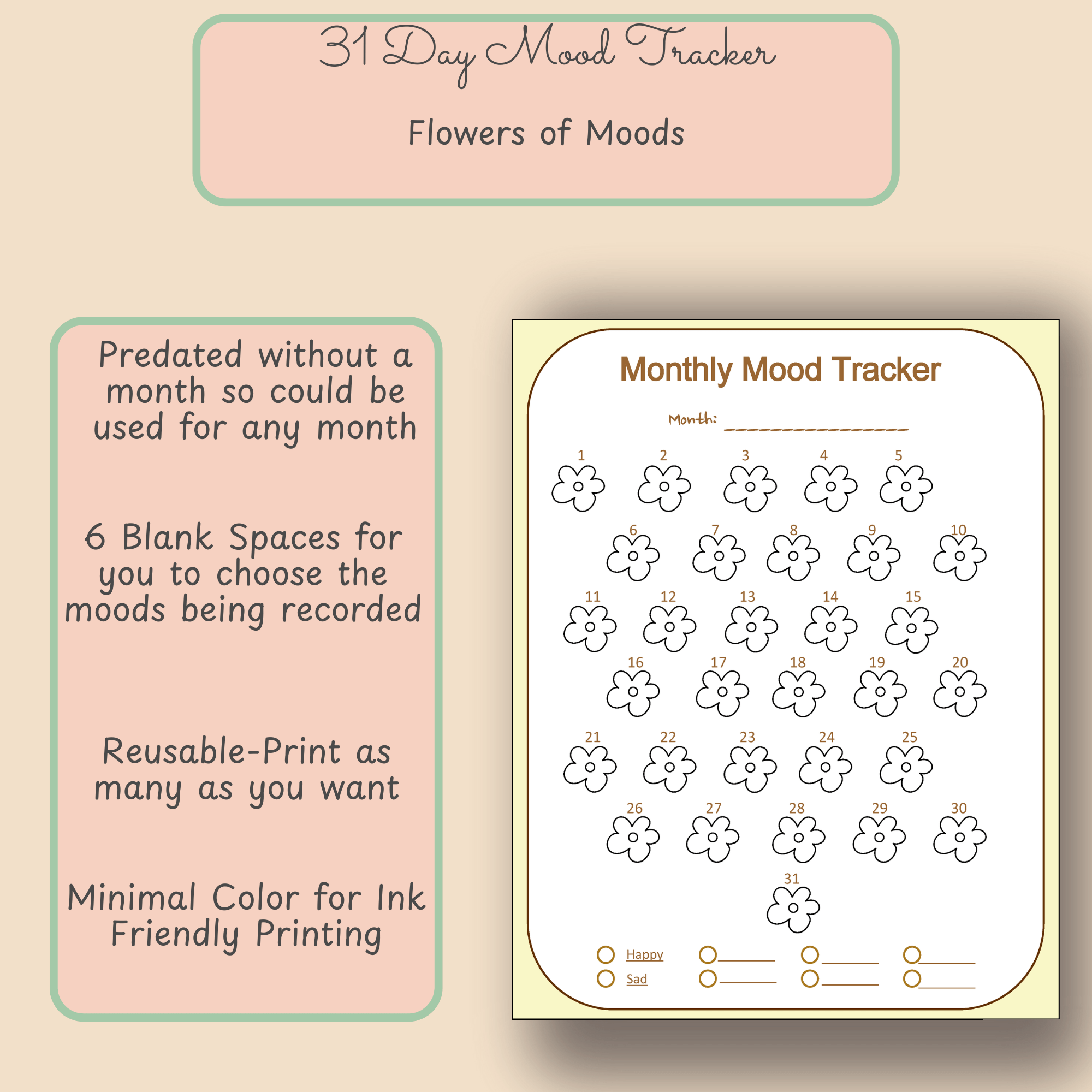 Printable Monthly Mood Tracker – Flowers Theme – Letter Size PDF - Image 2
