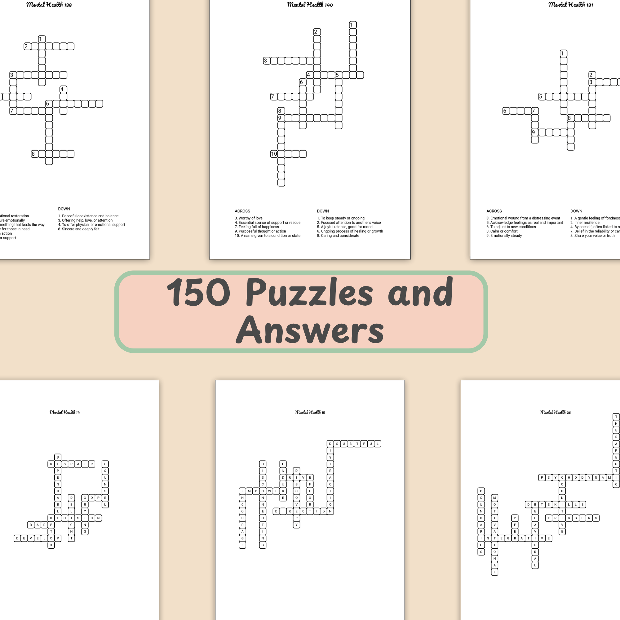 Mental Health Crossword Puzzle Book PDF | 150 Printable Puzzles + Answers - Image 5