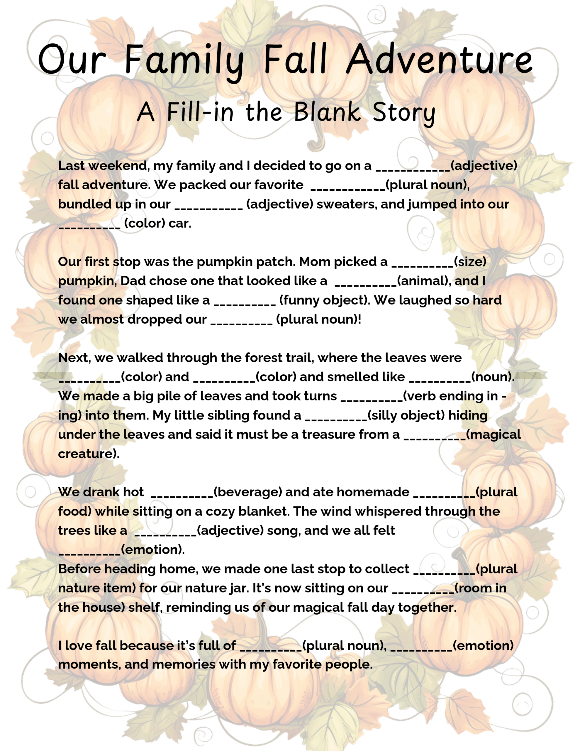 Fall Adventure Fill in the Blank