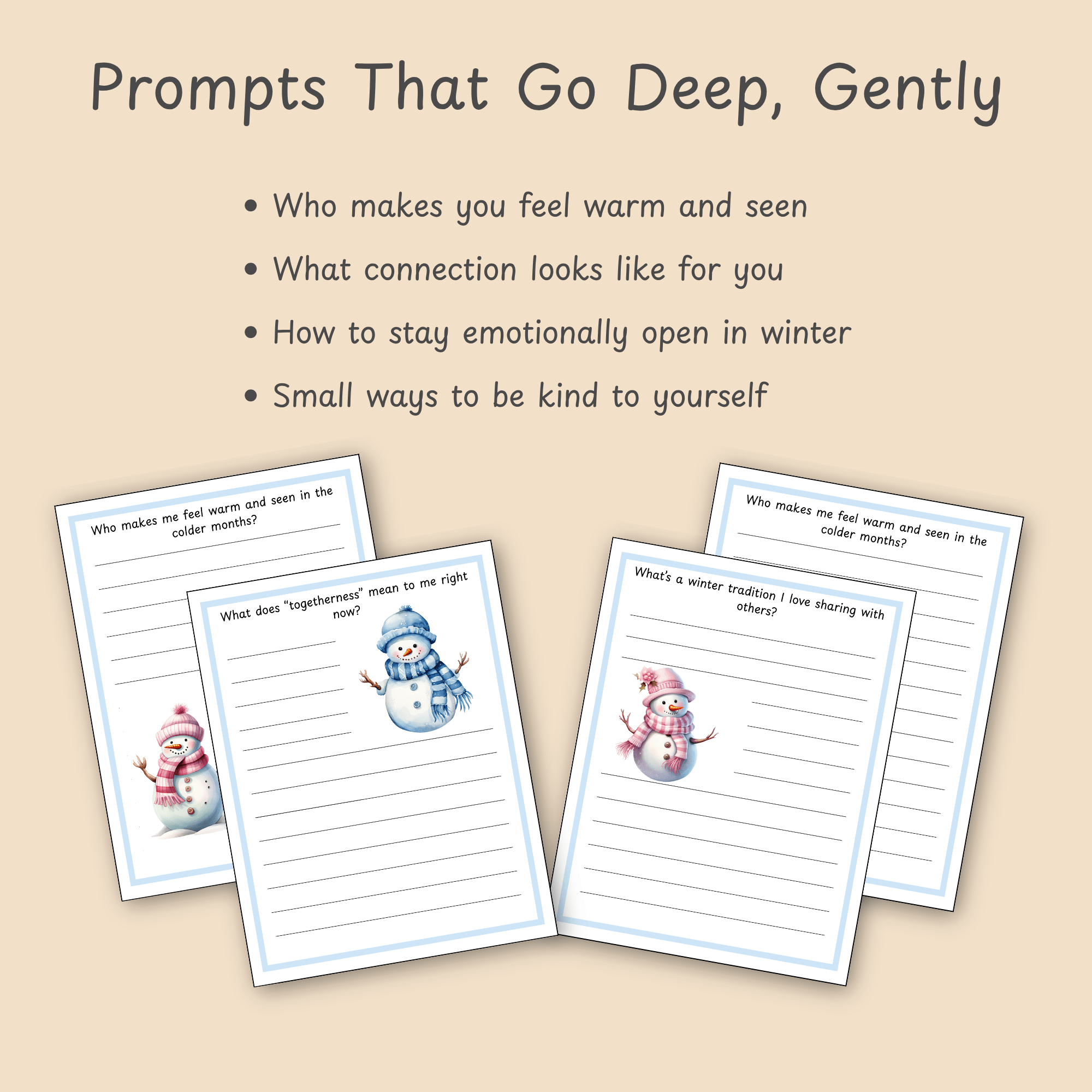 Close-up of a journal page prompt about emotional connection, with a pink-scarfed snowman illustration beside the lined writing area.