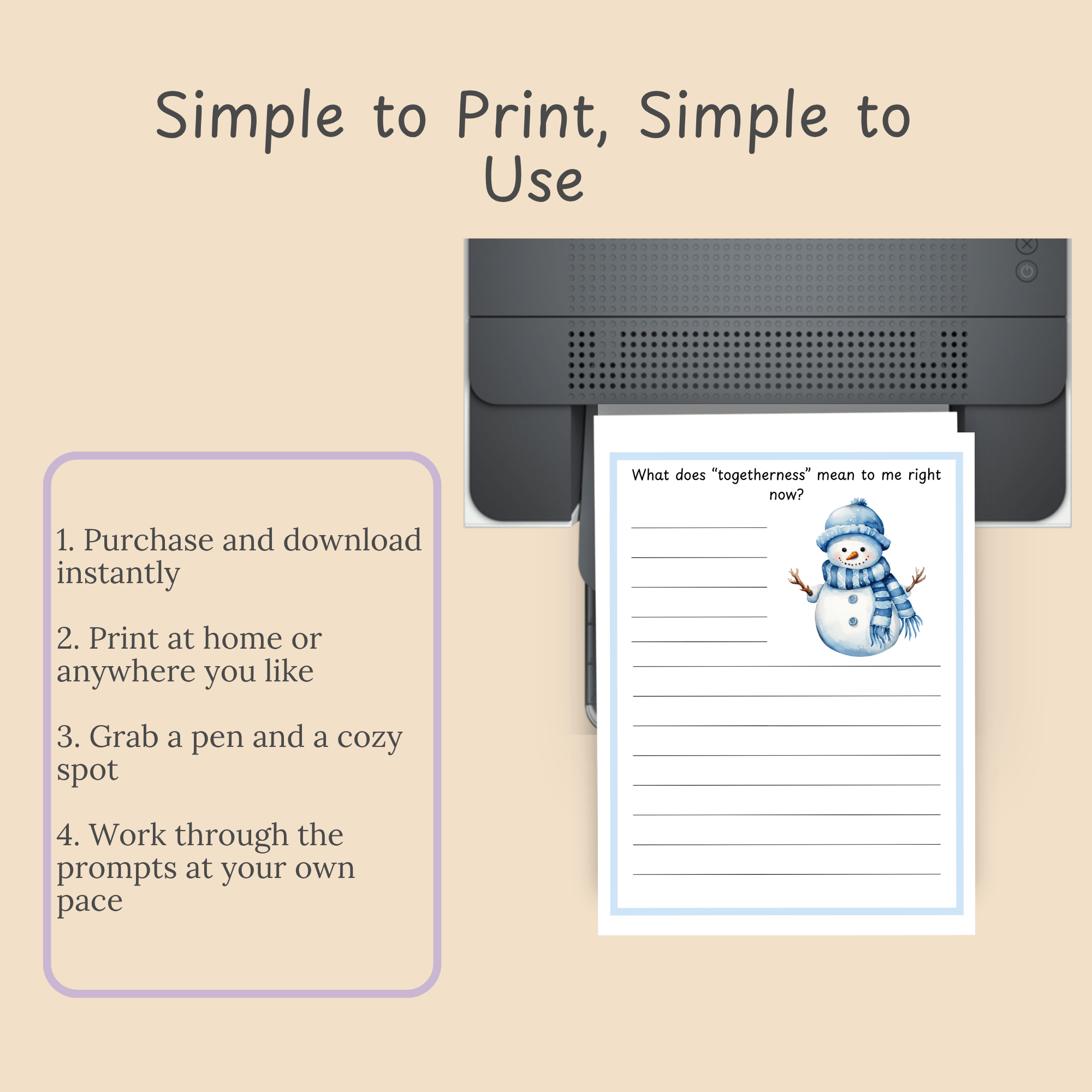 Step-by-step graphic showing the print-and-journal process for the Snowfall and Soul Notes printable.