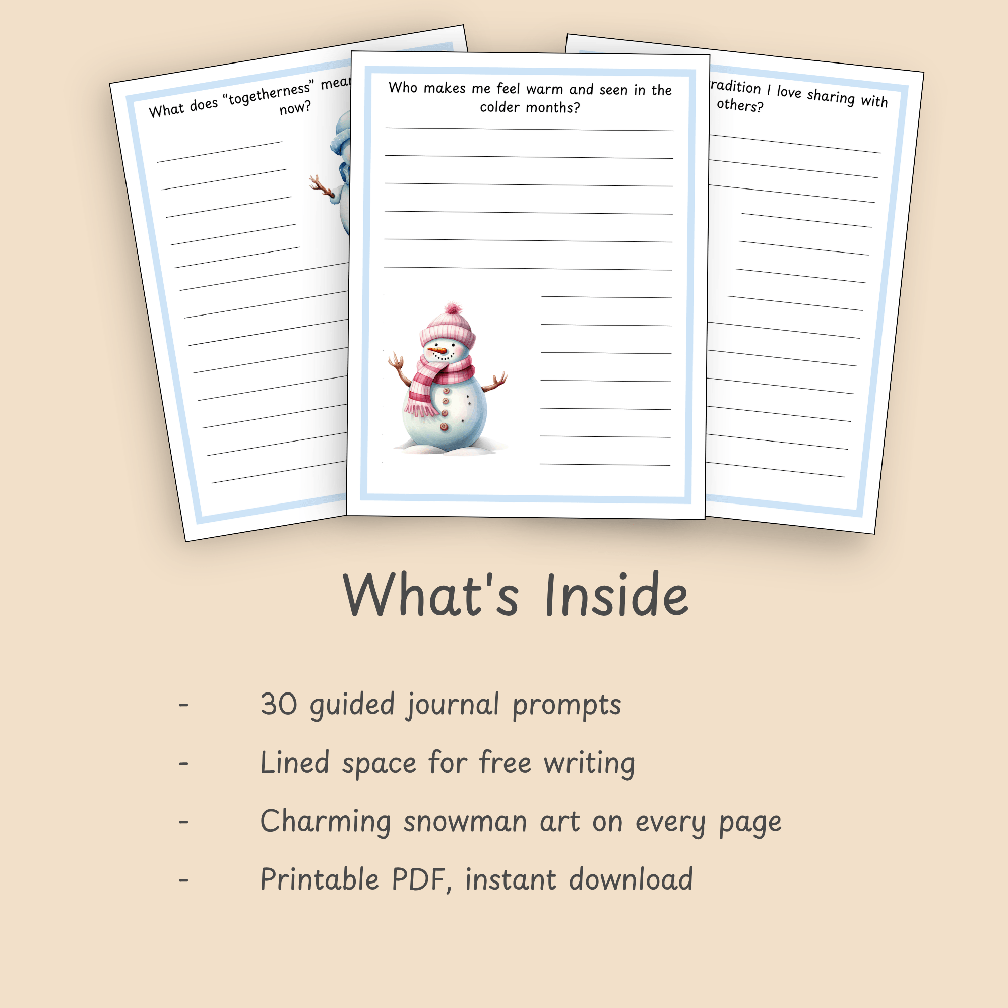 Page layout preview showing the journal's lined writing space and snowman illustration, highlighting the 30-prompt structure inside.