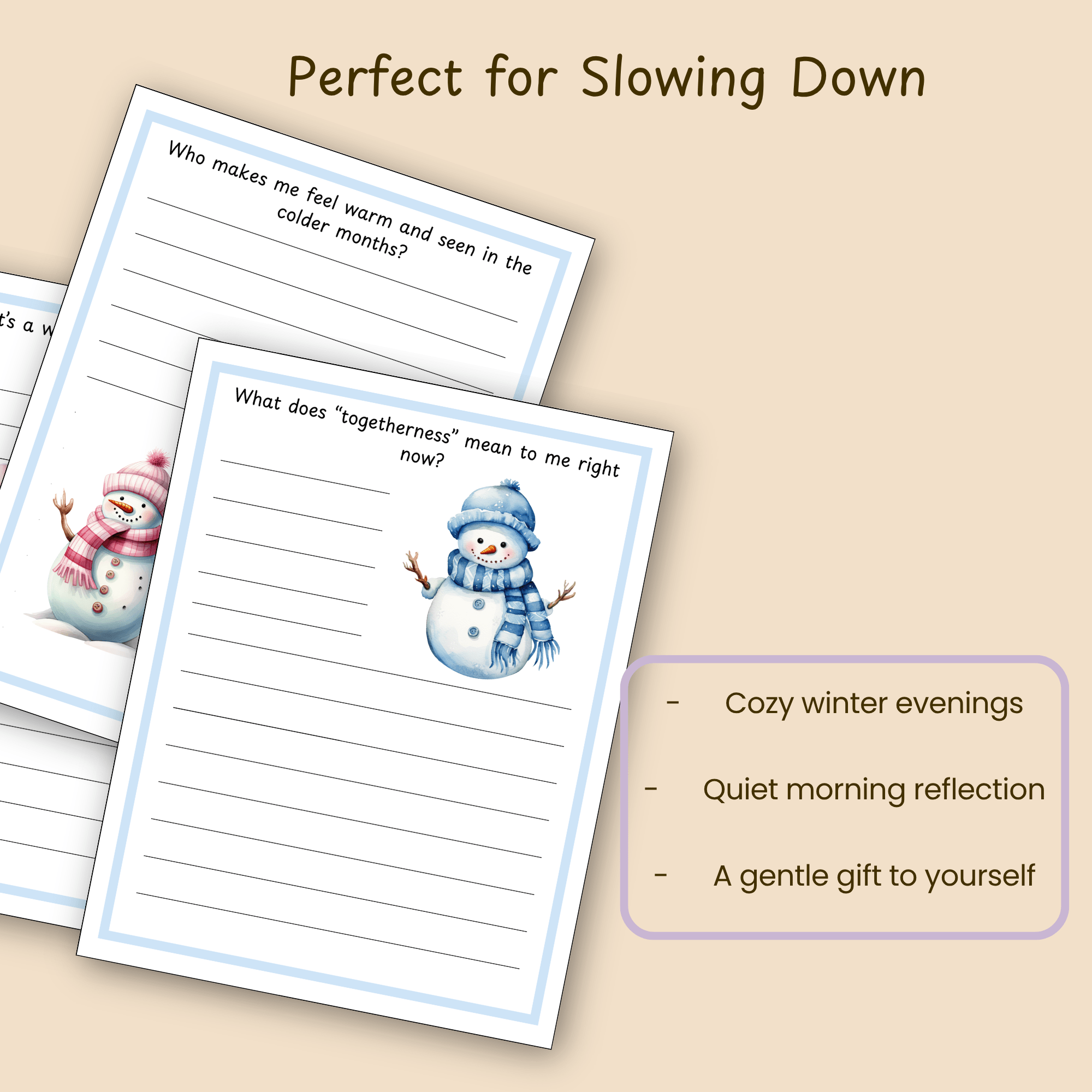 Lifestyle-style mockup of the winter journal pages open to a prompt, suggesting a calm evening journaling moment.