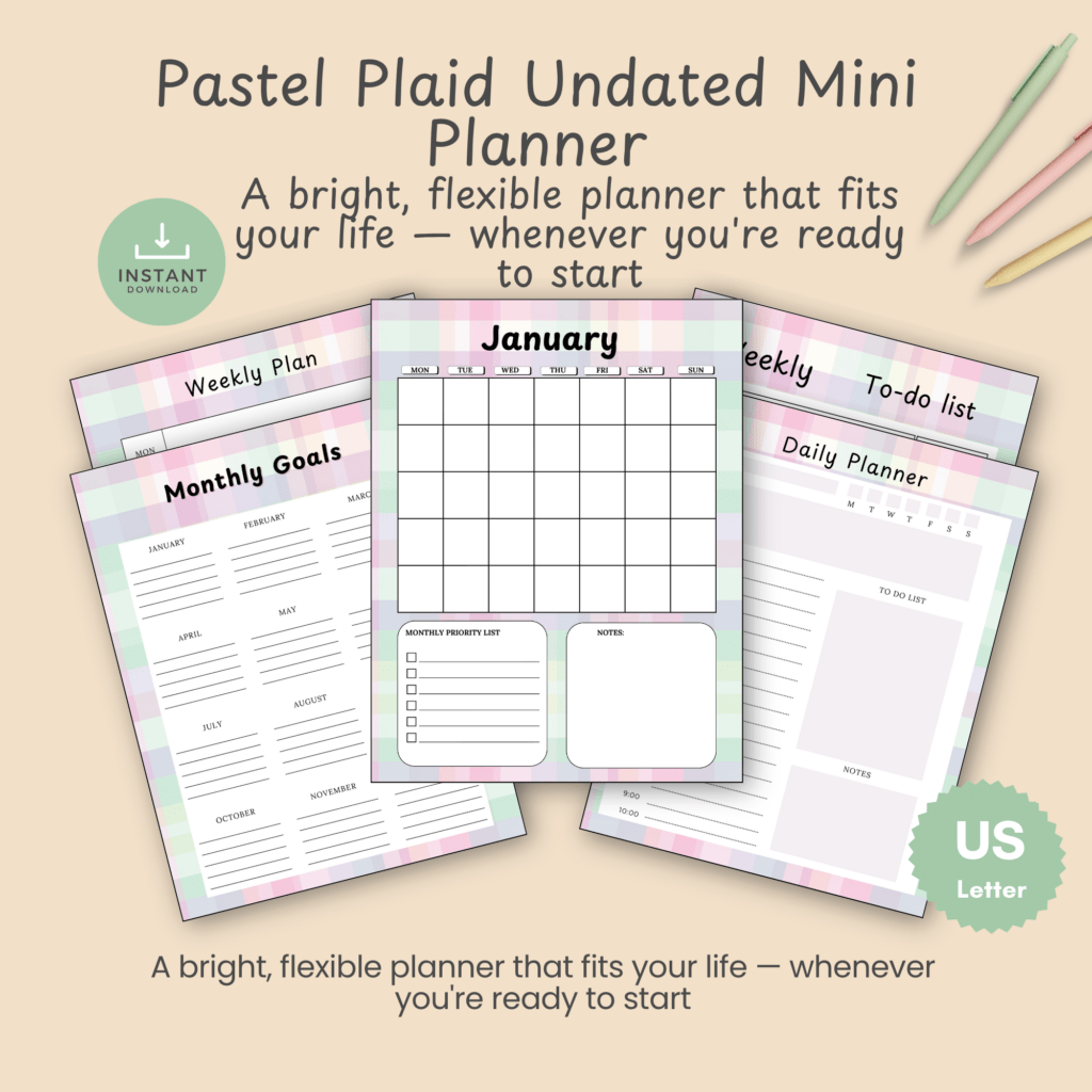 Hero slide for the Pastel Plaid Undated Mini Planner, a colorful printable PDF featuring a soft plaid design and a full set of planning pages for monthly, weekly, and daily use.