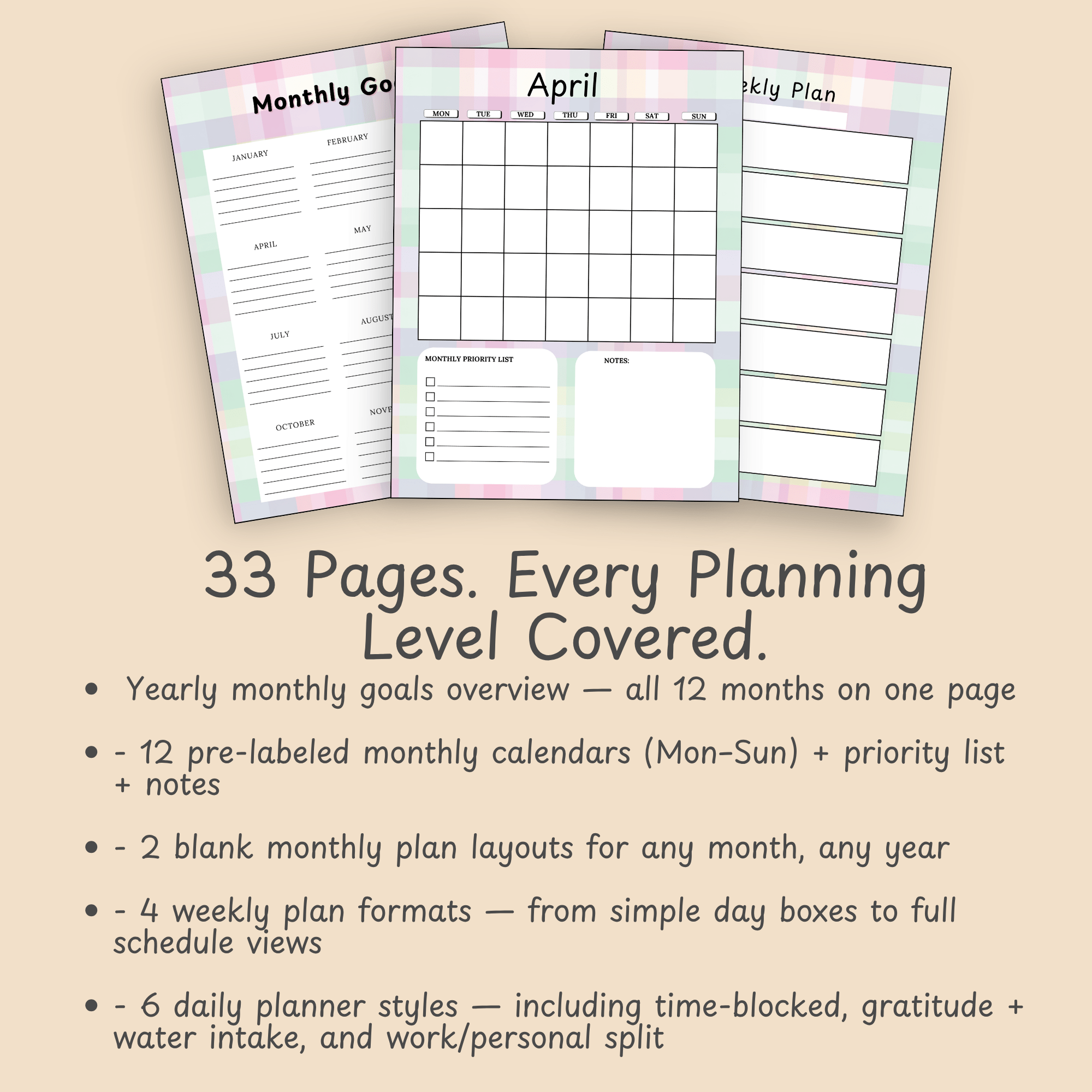 Feature slide listing the full contents of the Pastel Plaid Undated Mini Planner, including monthly calendars, multiple weekly layouts, and six daily planner page styles.