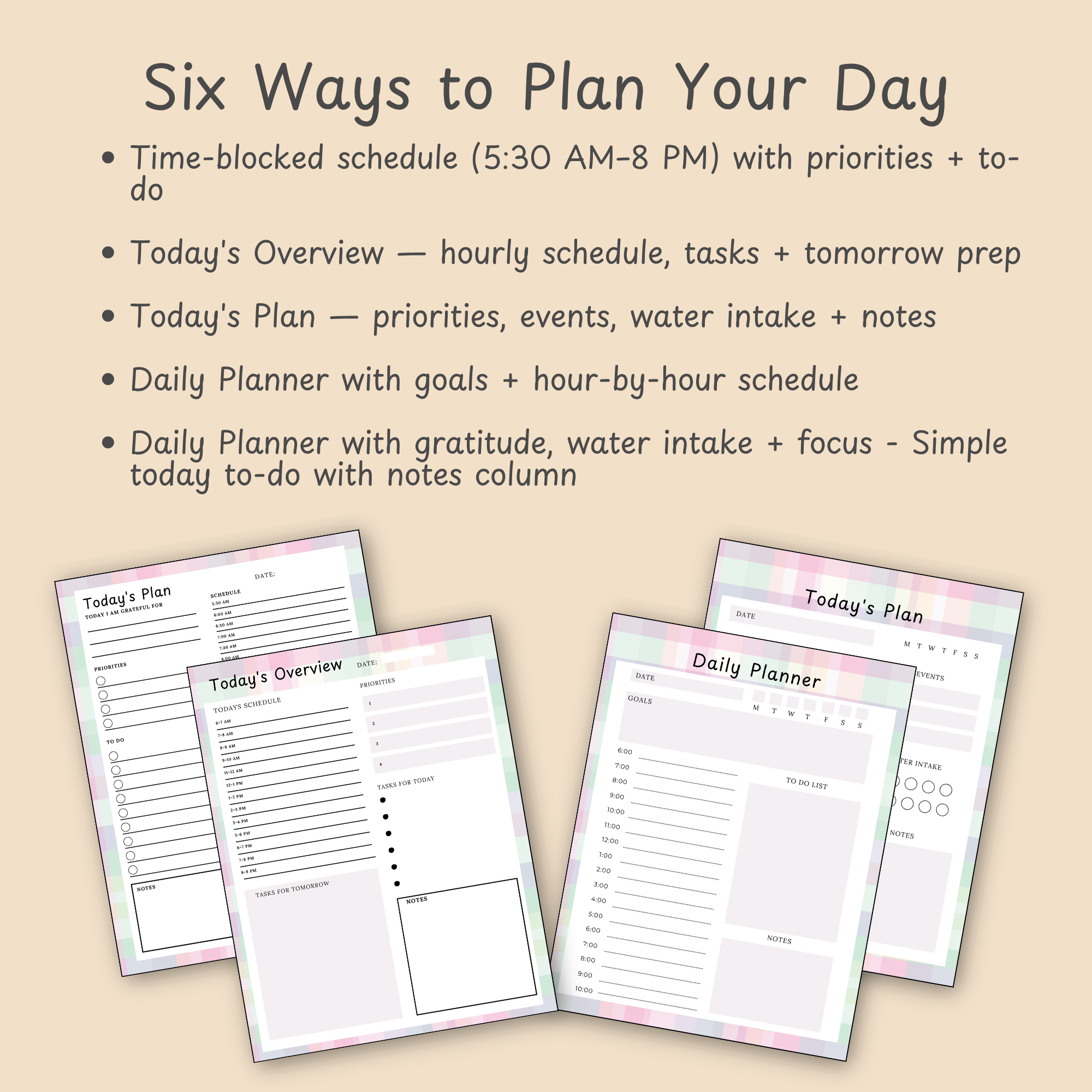 Feature slide highlighting the six daily planner page options in the Pastel Plaid Mini Planner, including time-blocked schedules, gratitude sections, and water intake trackers.