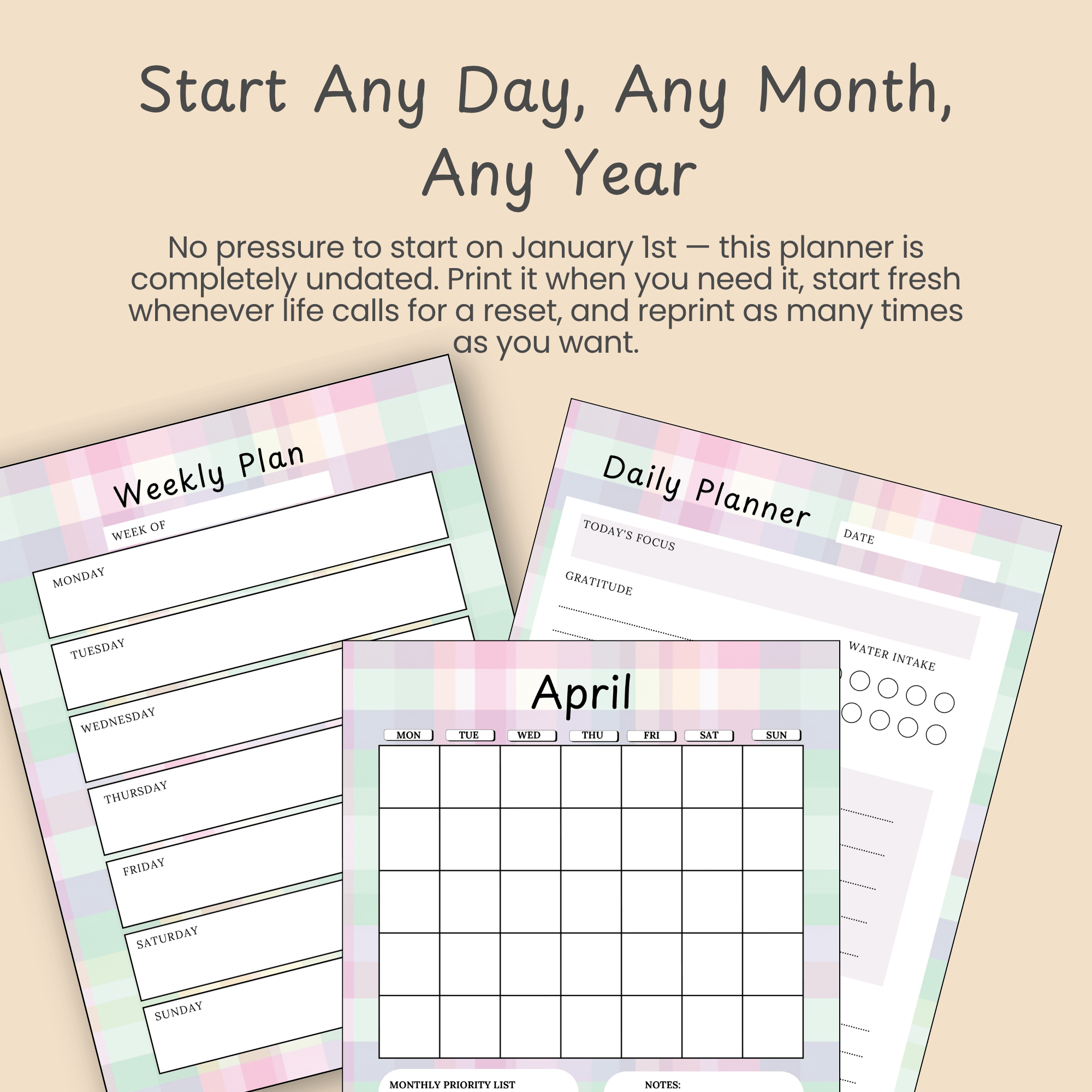 Callout slide emphasizing the undated format of the Pastel Plaid Mini Planner, with messaging about the freedom to start planning at any time of year.