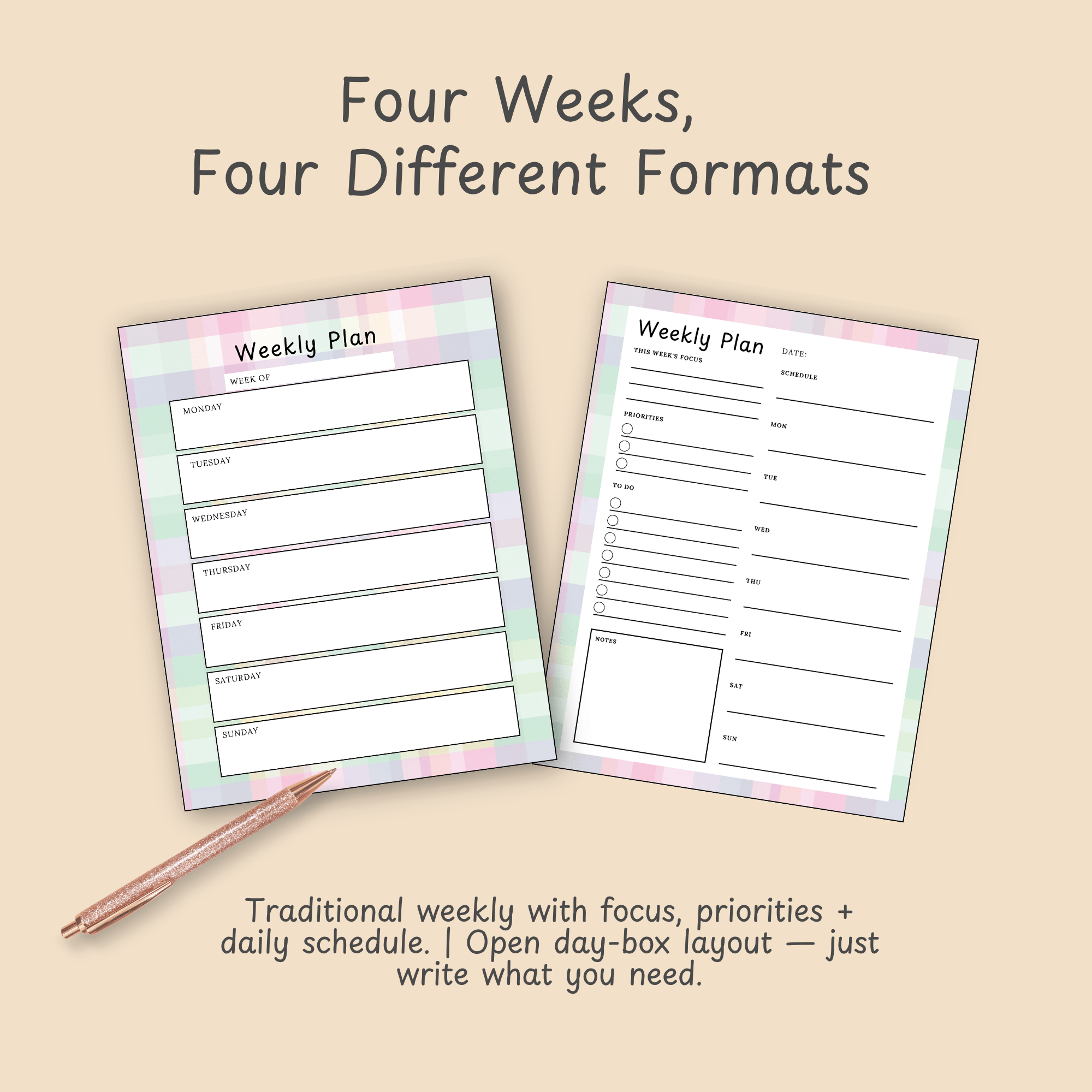 Side-by-side slide showcasing two of the four weekly planning layouts included in the Pastel Plaid Mini Planner, ranging from structured schedules to open-format day boxes.