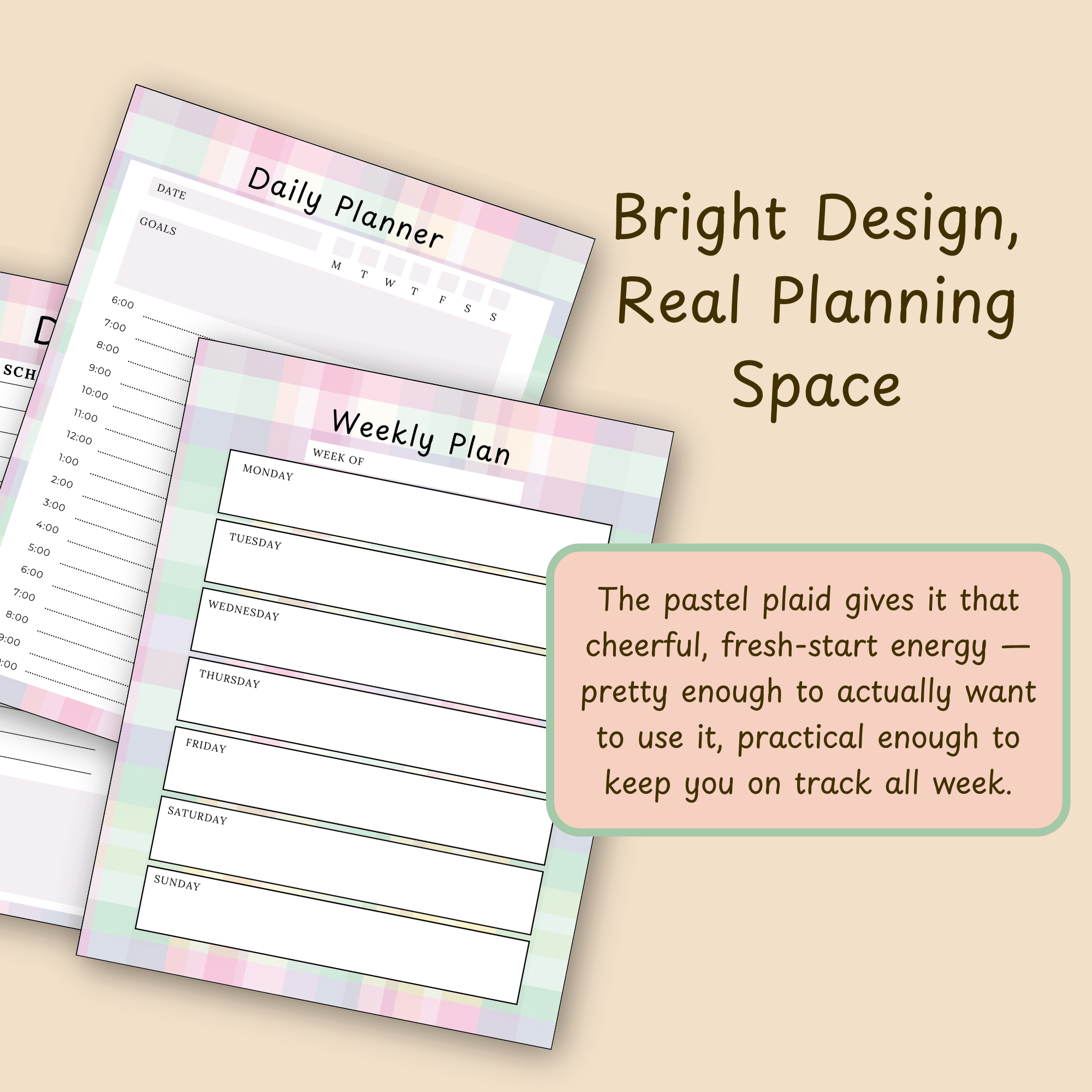 Design feature slide showing the soft pastel plaid aesthetic of the Pastel Plaid Undated Mini Planner pages, with a statement about the planner's colorful, functional design.