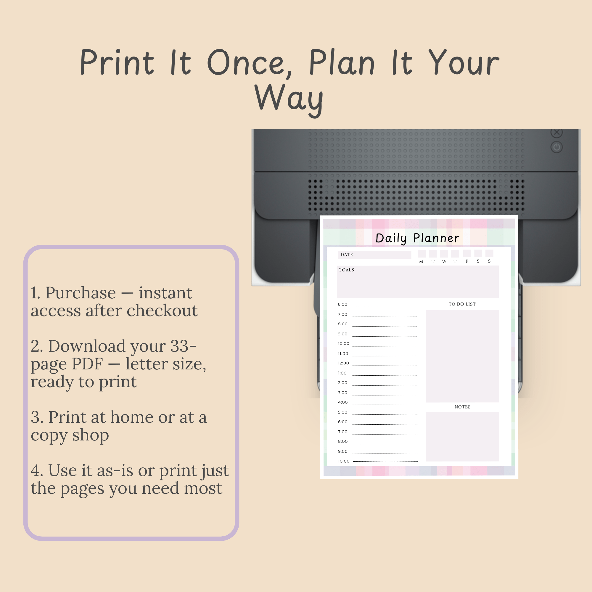 Step-by-step slide explaining how the Pastel Plaid Undated Mini Planner digital download works, from purchase through printing on standard US letter-size paper.