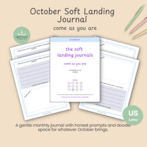 Cover mockup of the October Soft Landing monthly journal printable, shown with the brand's pastel blue header and handwritten purple title.