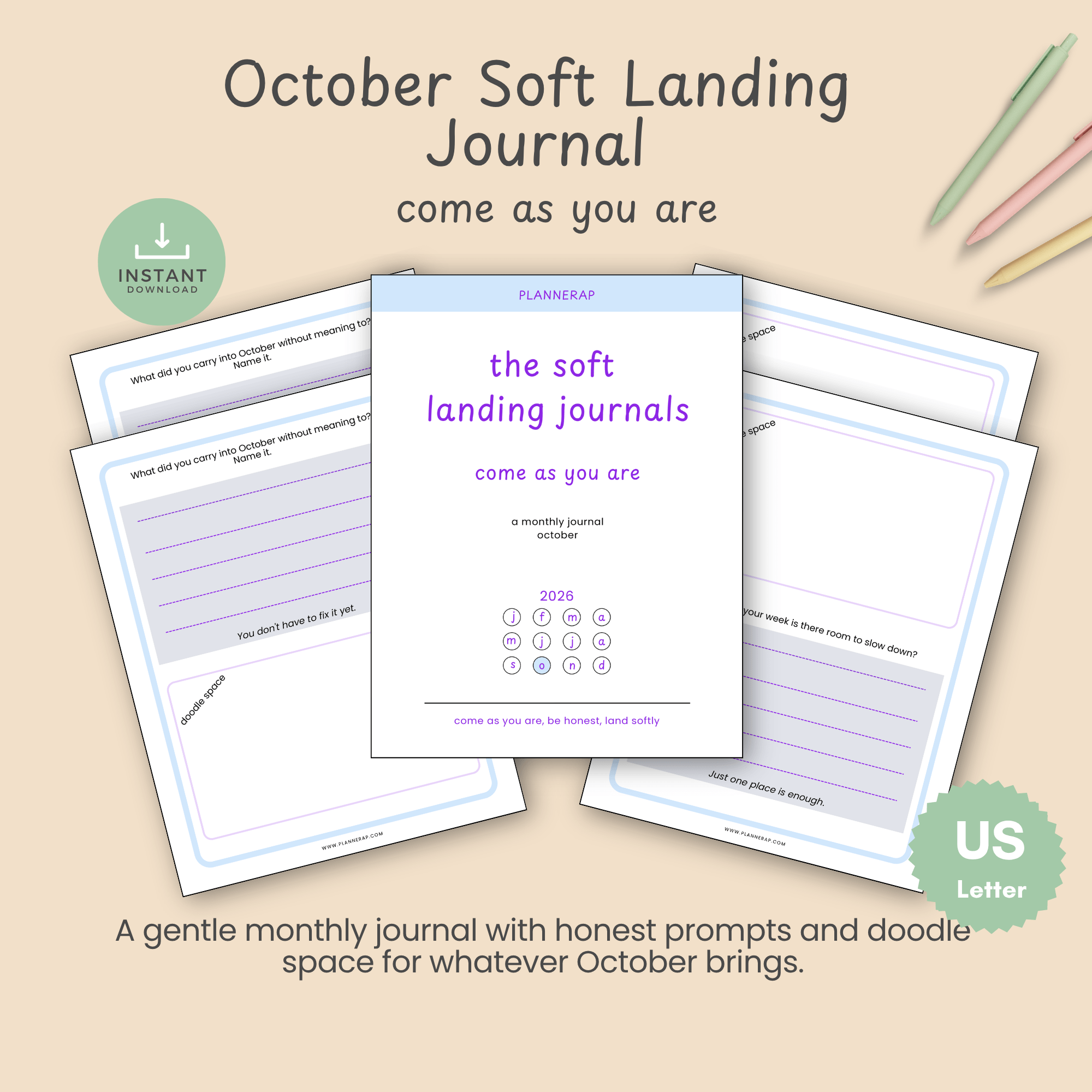 Cover mockup of the October Soft Landing monthly journal printable, shown with the brand's pastel blue header and handwritten purple title.