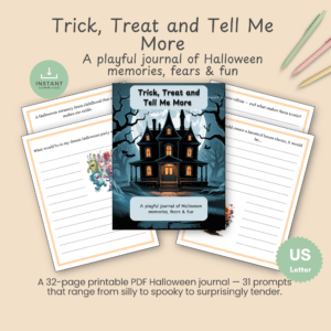 Hero slide for the Trick, Treat and Tell Me More Halloween journal, showing a moonlit haunted house cover and the tagline "a playful journal of Halloween memories, fears & fun."