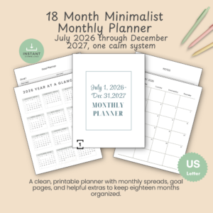 Hero slide for the 18 Month Minimalist Monthly Planner printable, showing the sage-bordered cover and the July 2026 through December 2027 date range.