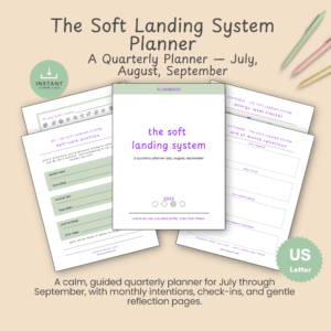 Hero mockup of the Soft Landing System quarterly planner showing the July, August, and September 2026 cover and sample monthly pages.