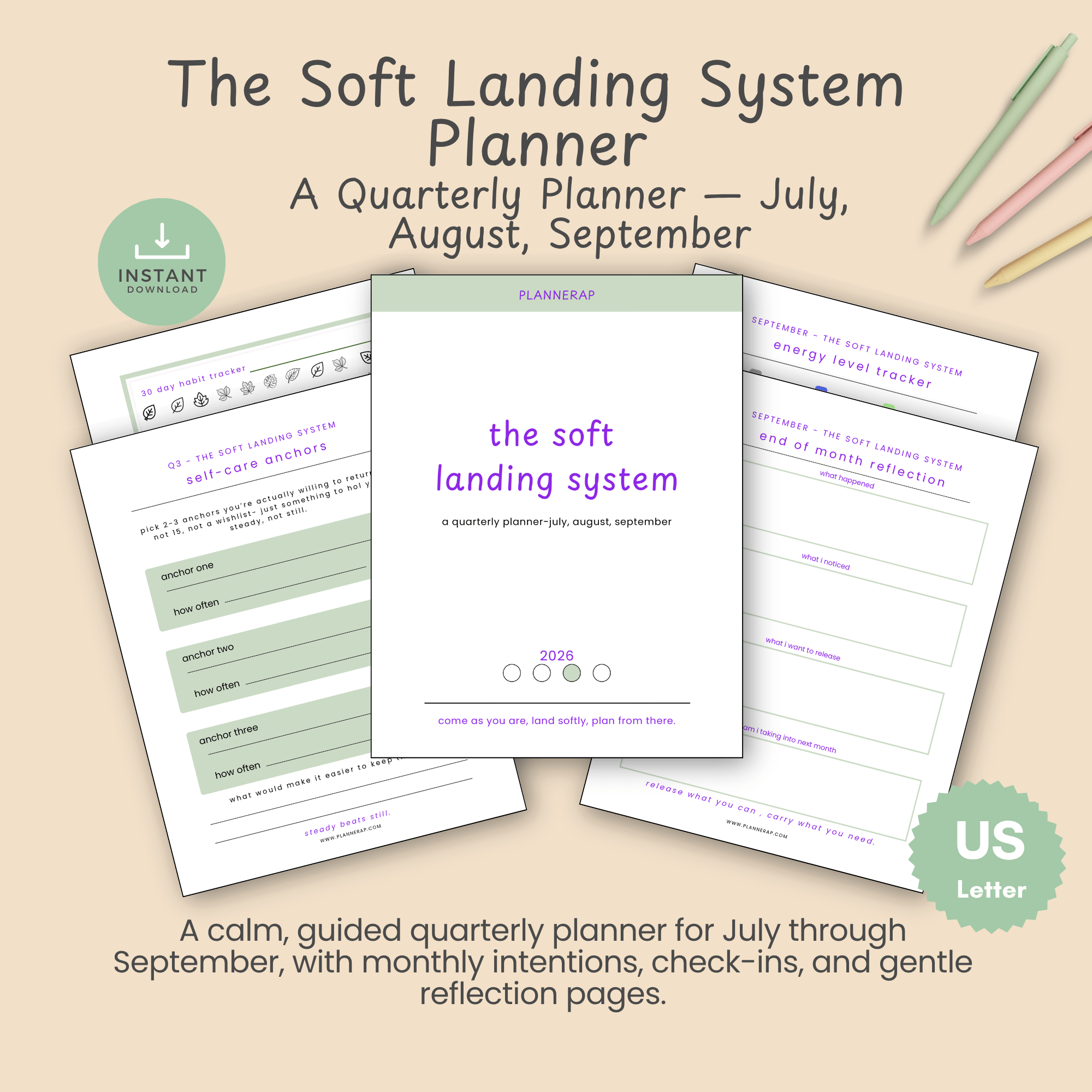 Hero mockup of the Soft Landing System quarterly planner showing the July, August, and September 2026 cover and sample monthly pages.