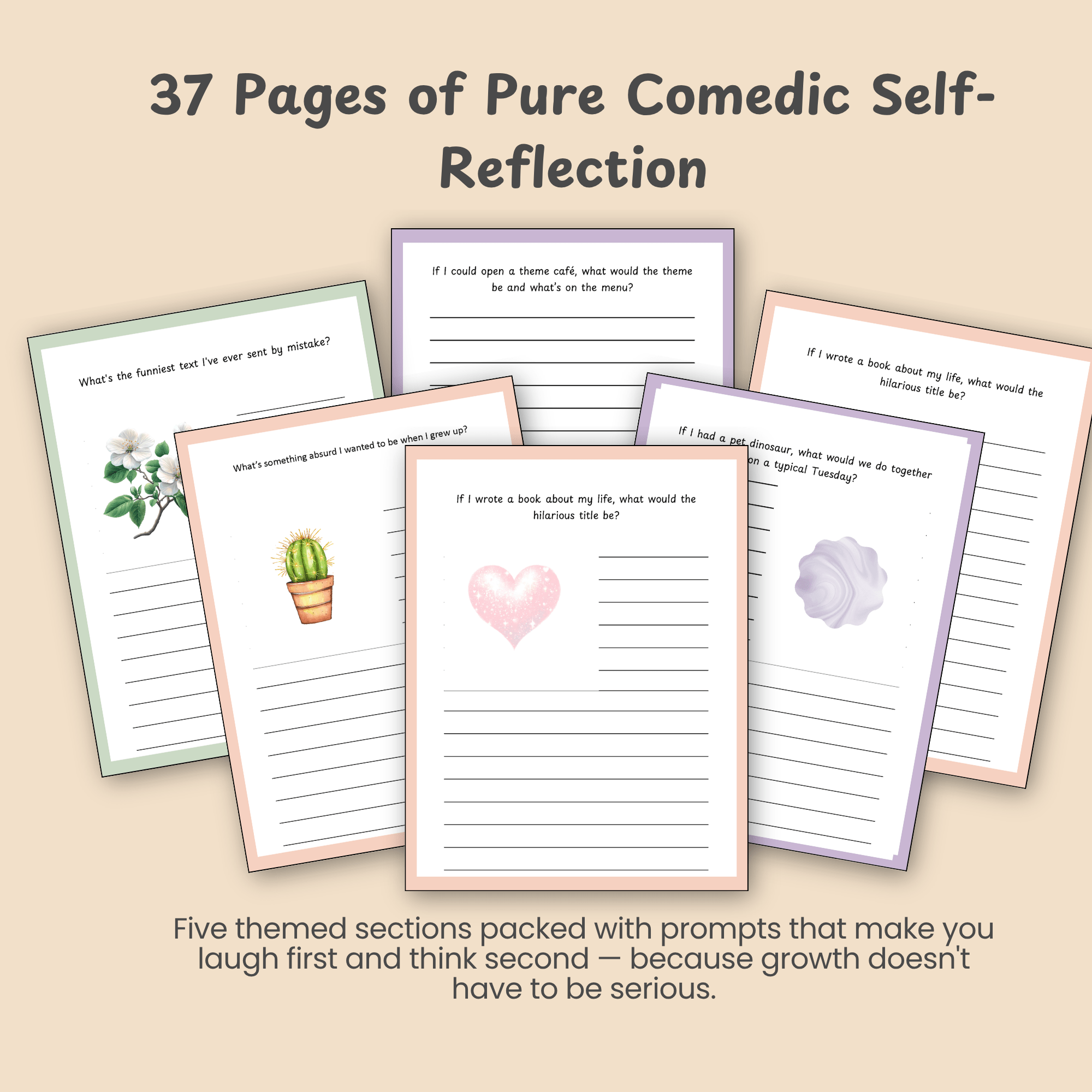 Grid of journal pages from the Seriously Though, LOL printable showing handwriting lines and soft illustrations.