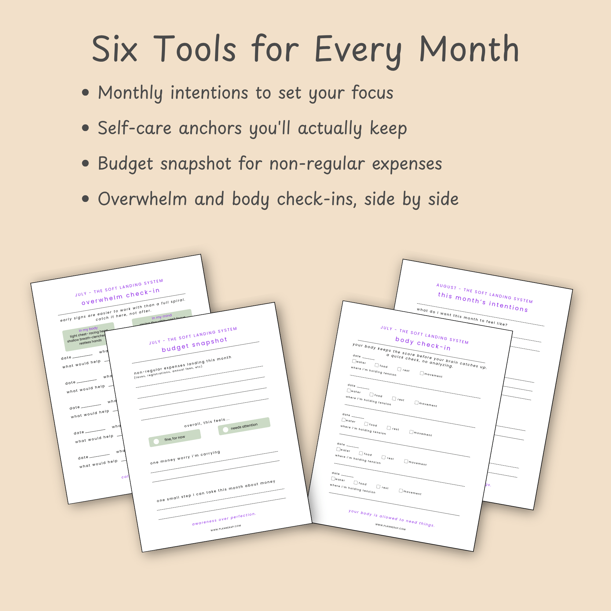 Feature slide listing the six core worksheets included each month, with planner page mockups arranged below the bulleted list.