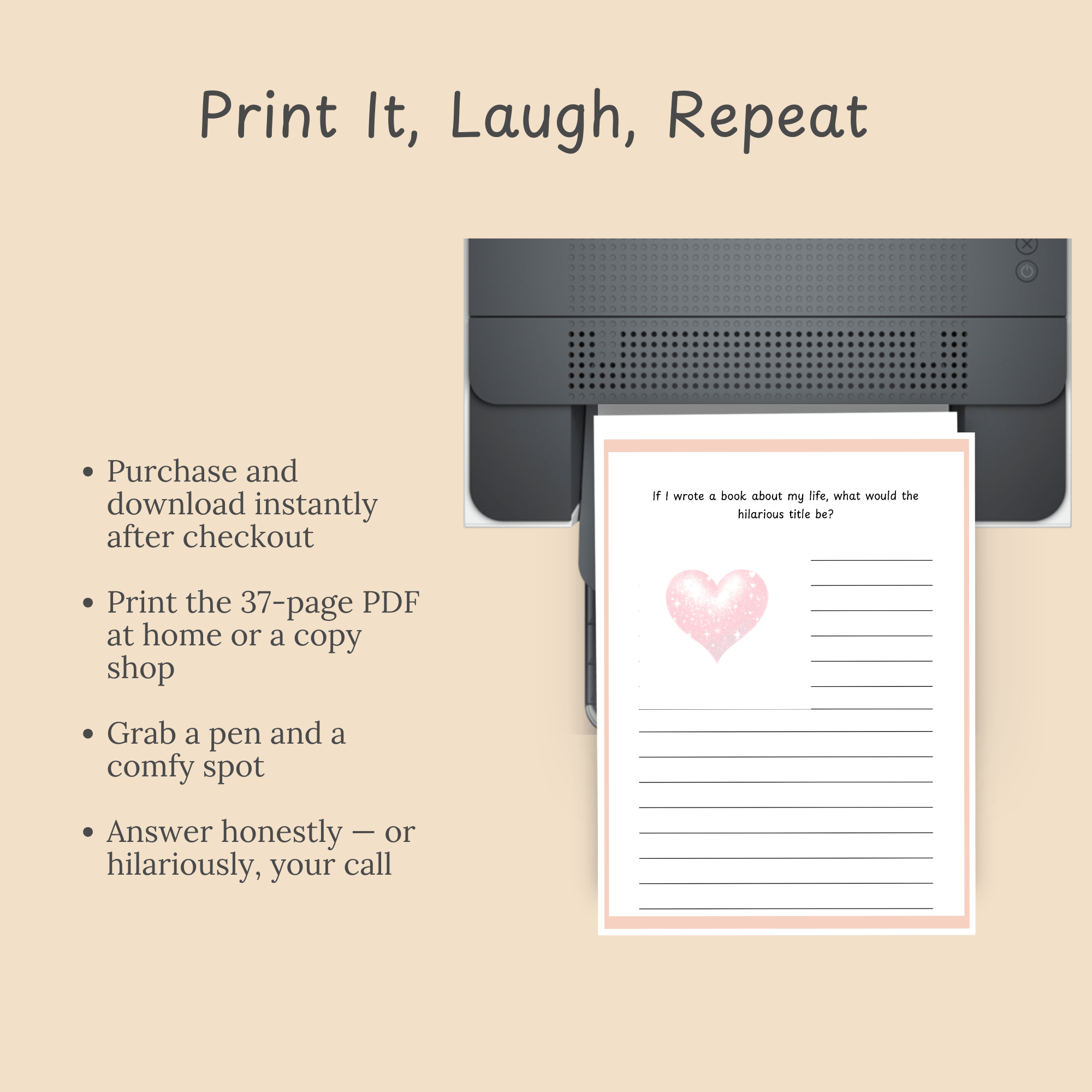Printer producing a page from the Seriously Though, LOL printable journal.