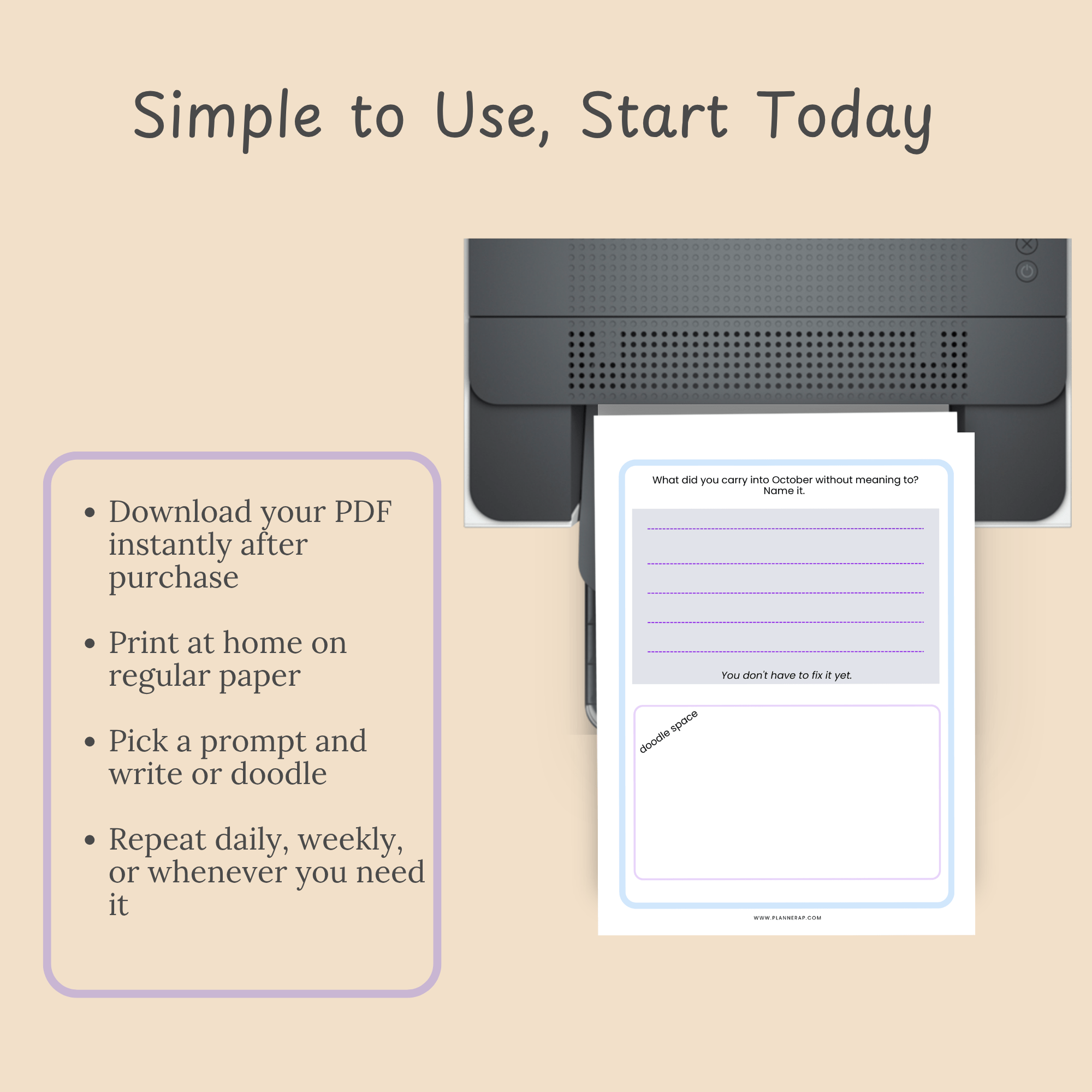 Step-by-step graphic showing how to download, print, and use the October monthly journal printable.