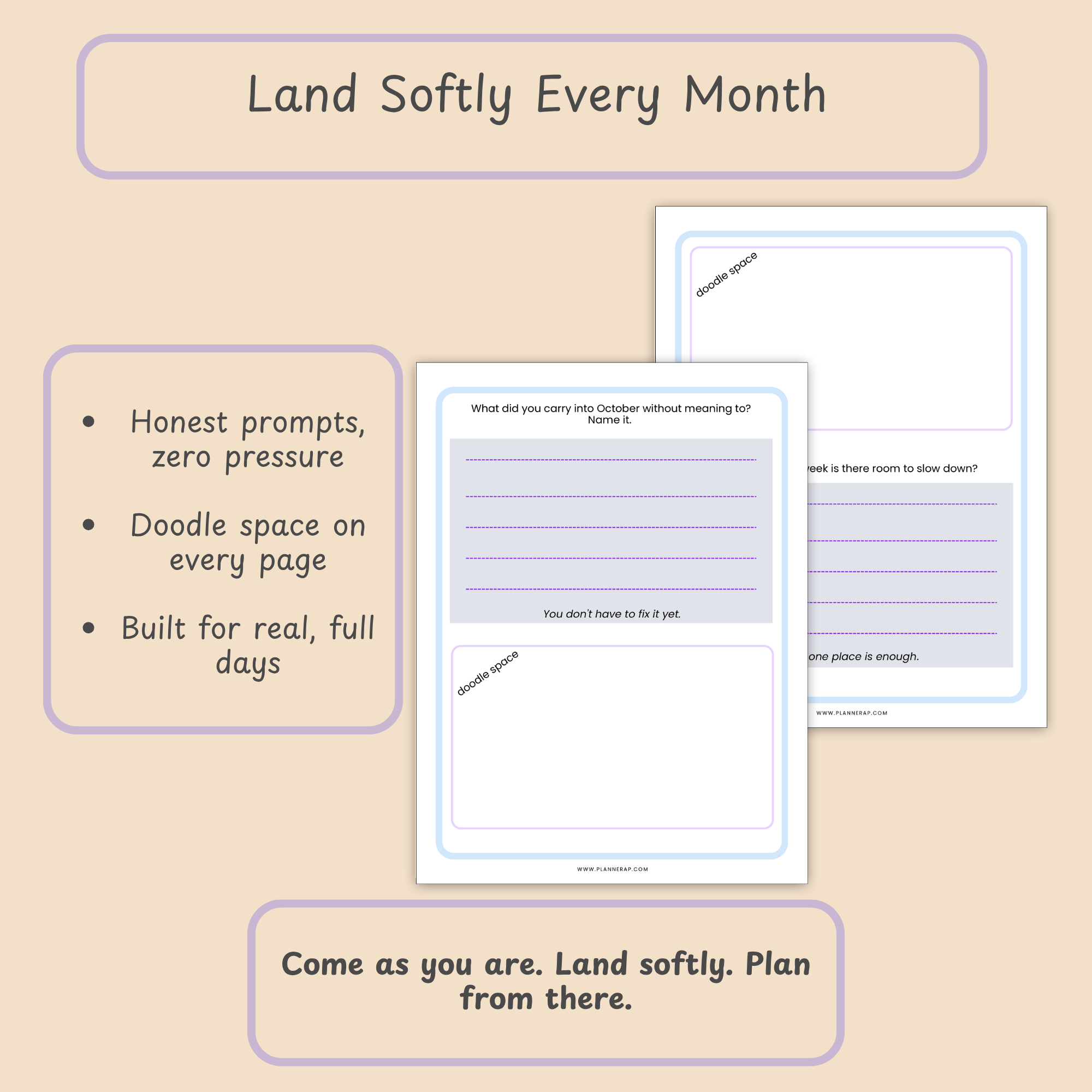 Closing benefit slide for the October journal printable, featuring the PlannerAP brand tagline beside blank page mockups.
