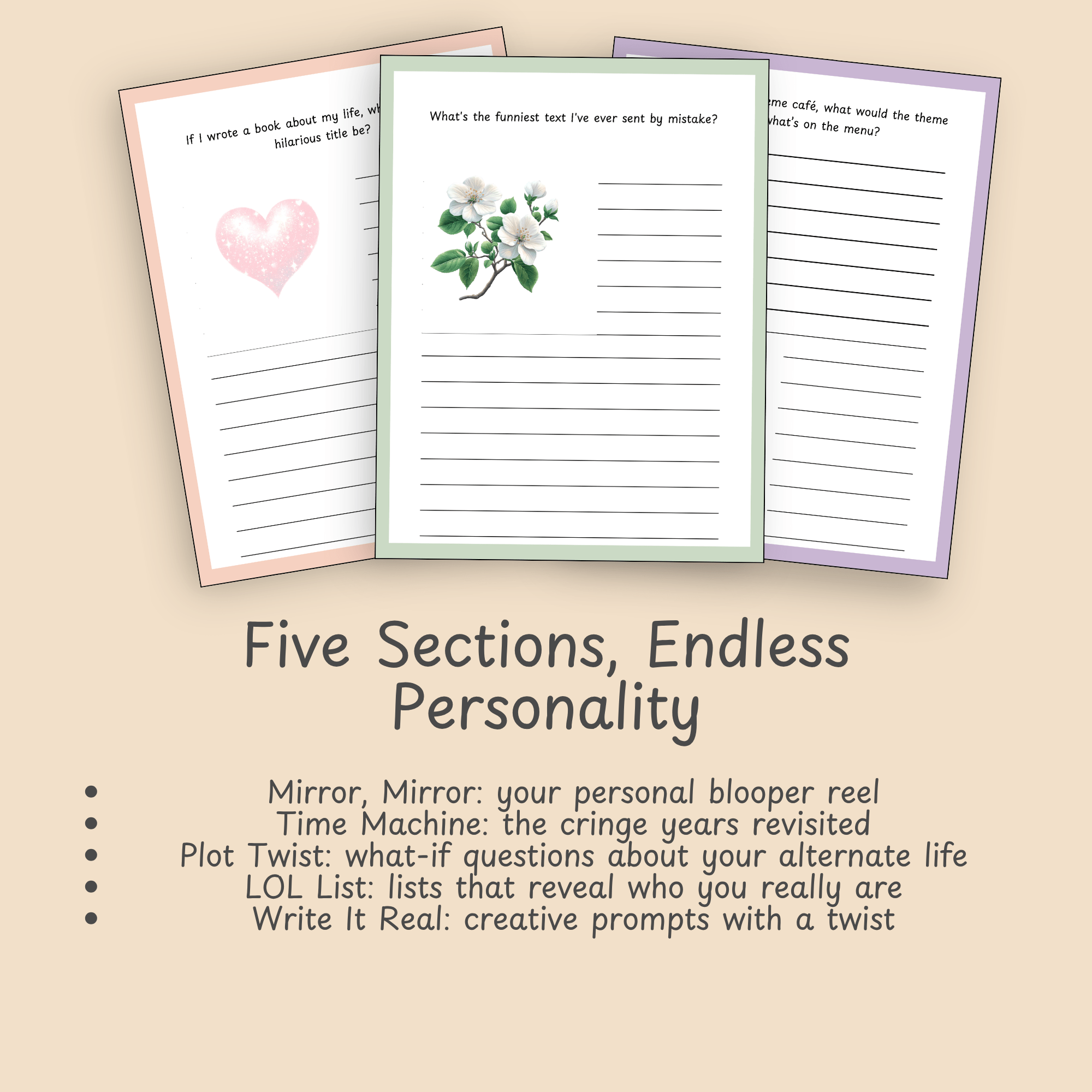 Fanned journal pages representing the five sections of the Seriously Though, LOL journal.