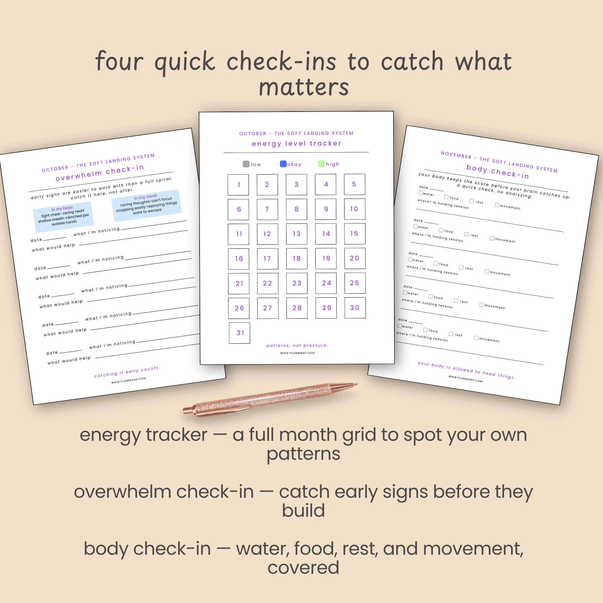 Feature slide showing the energy tracker, overwhelm check-in, and body check-in pages together.
