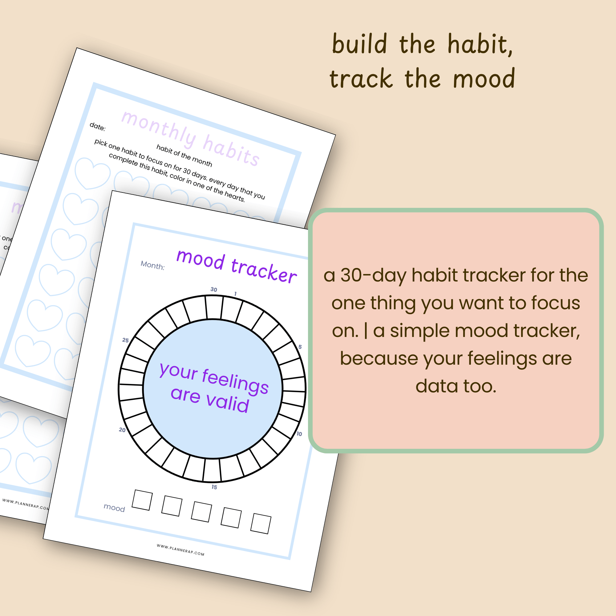 Side-by-side slide showing the monthly habit tracker with hearts to color in alongside the circular mood tracker page.