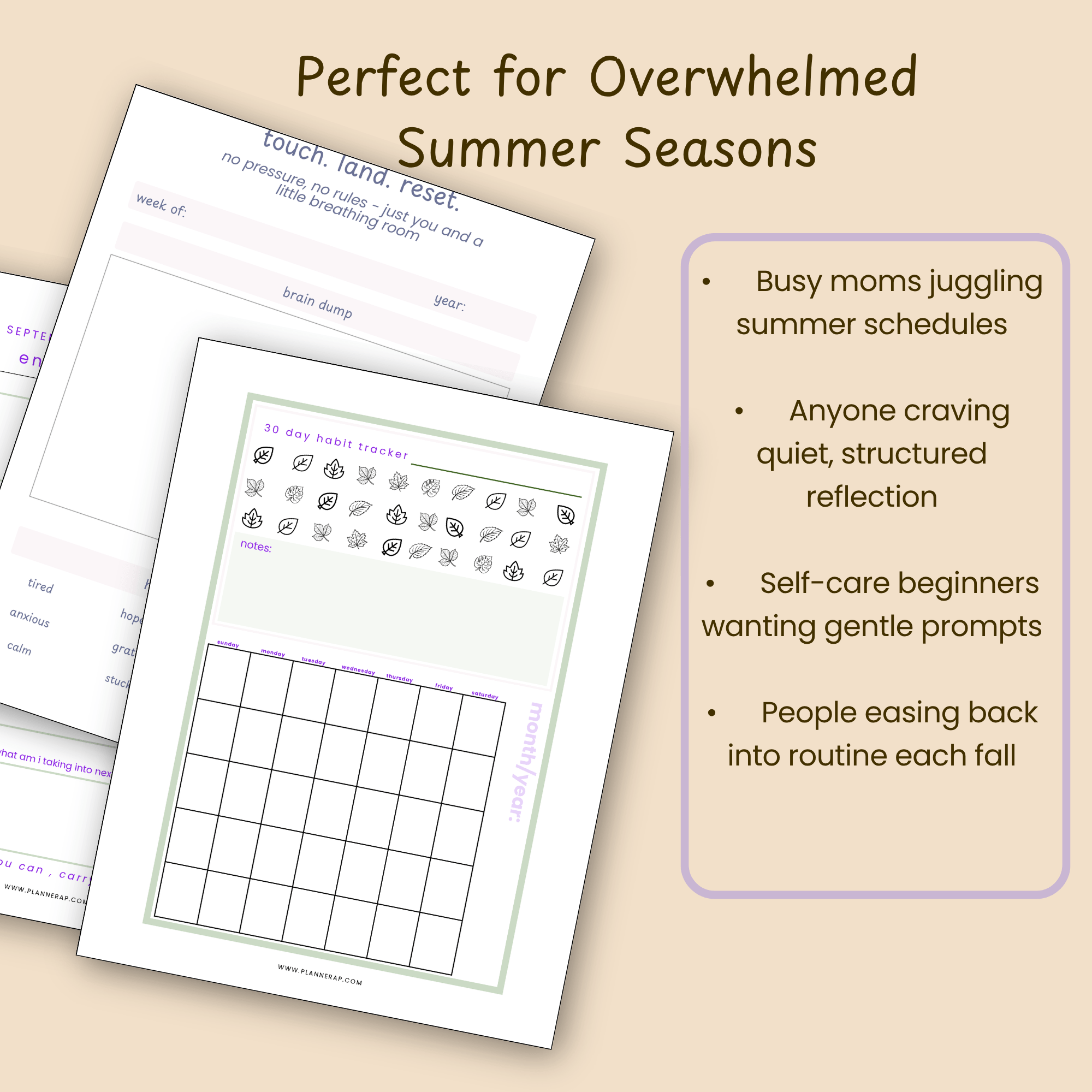 Audience callout slide showing the quarterly planner pages styled for busy parents and anyone easing into a calmer routine.