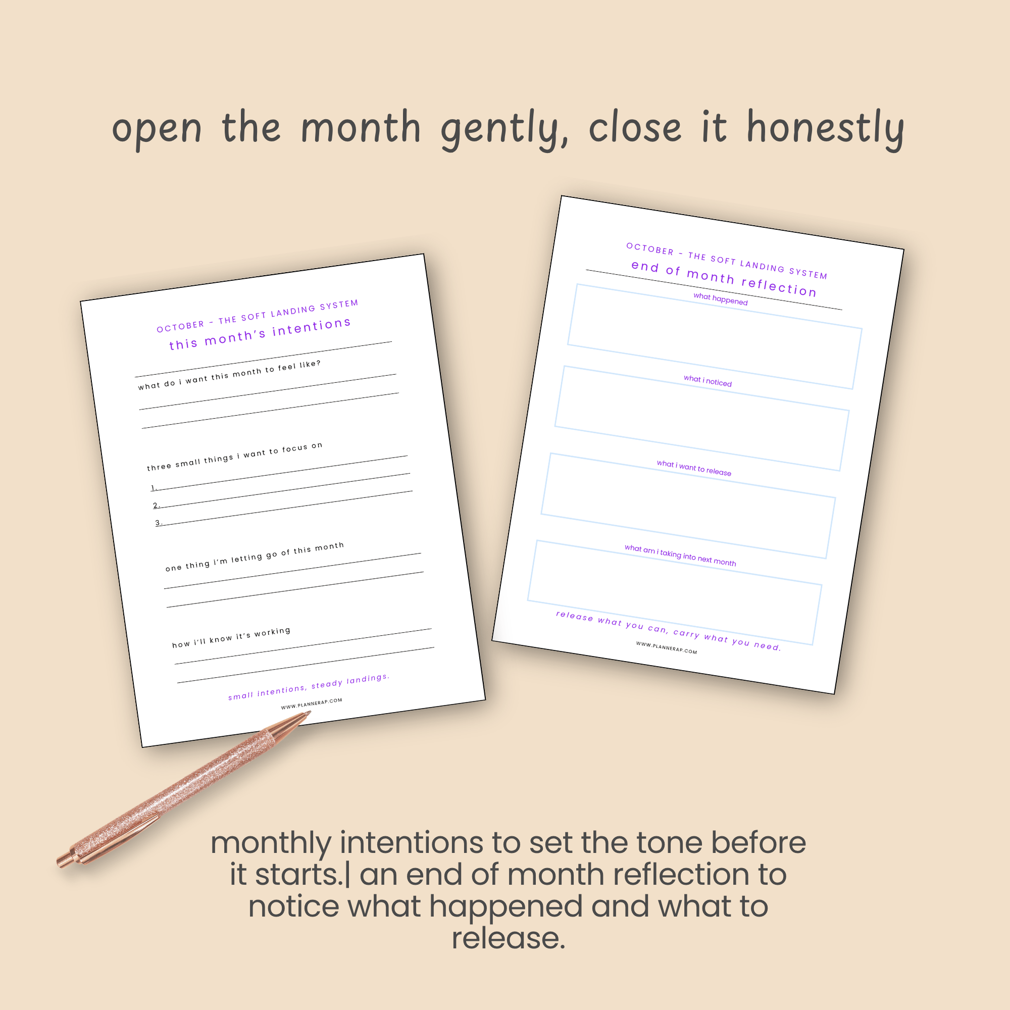 Side-by-side slide comparing the monthly intentions page with the end of month reflection page.