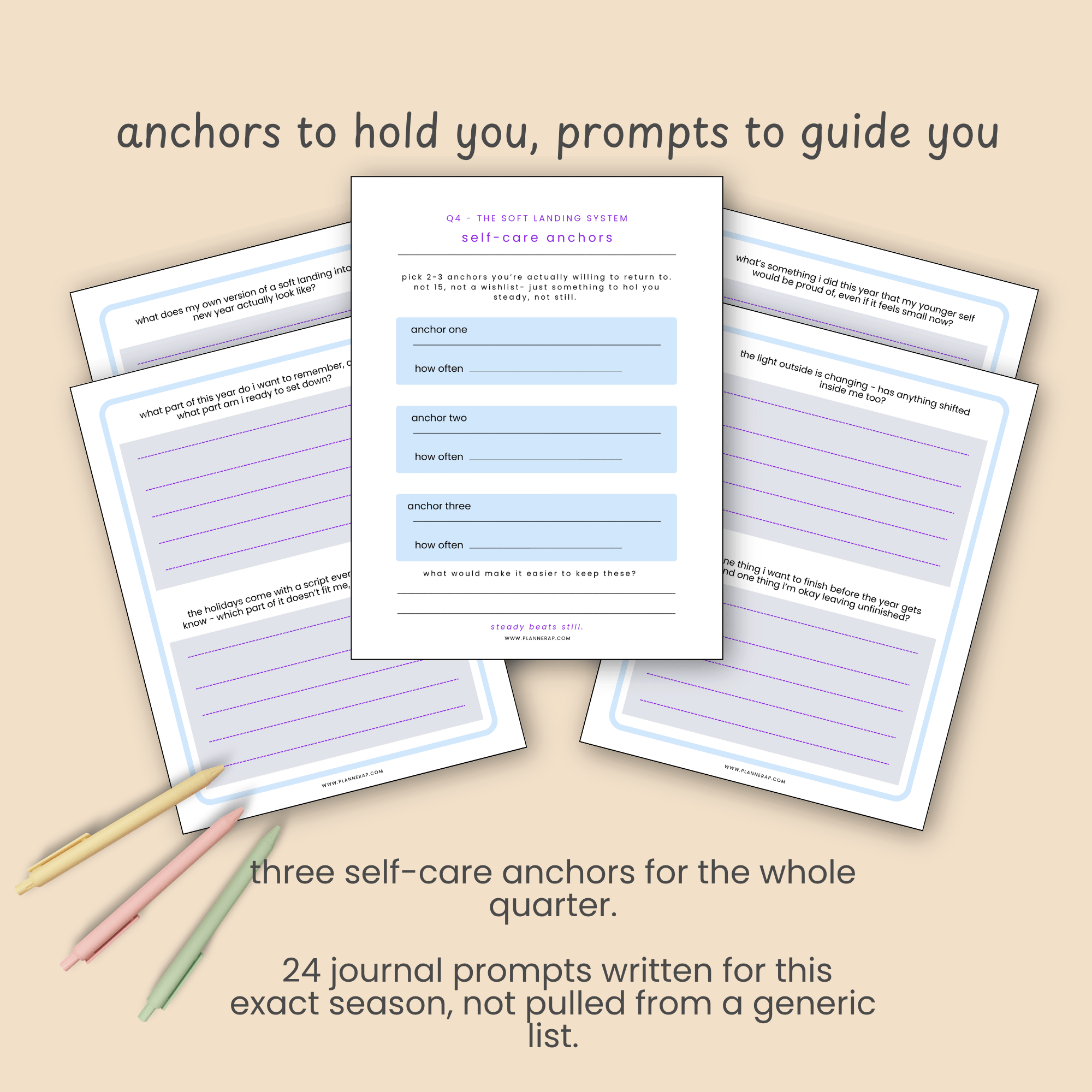 Side-by-side slide comparing the self-care anchors page with a sample journal prompt page.