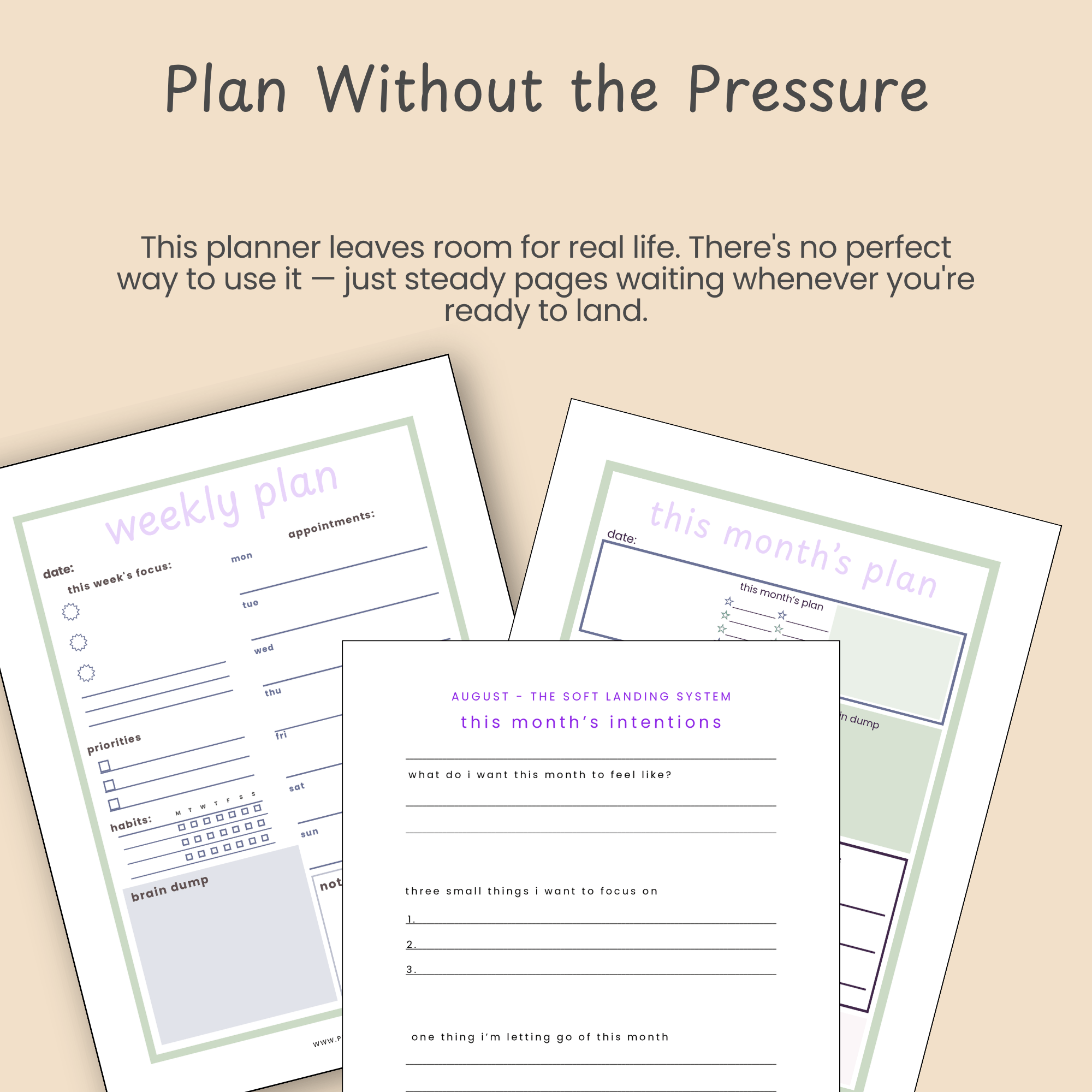 Mockup slide highlighting the planner's gentle, no-pressure design with sample self-care anchor and intention pages shown beneath the text.