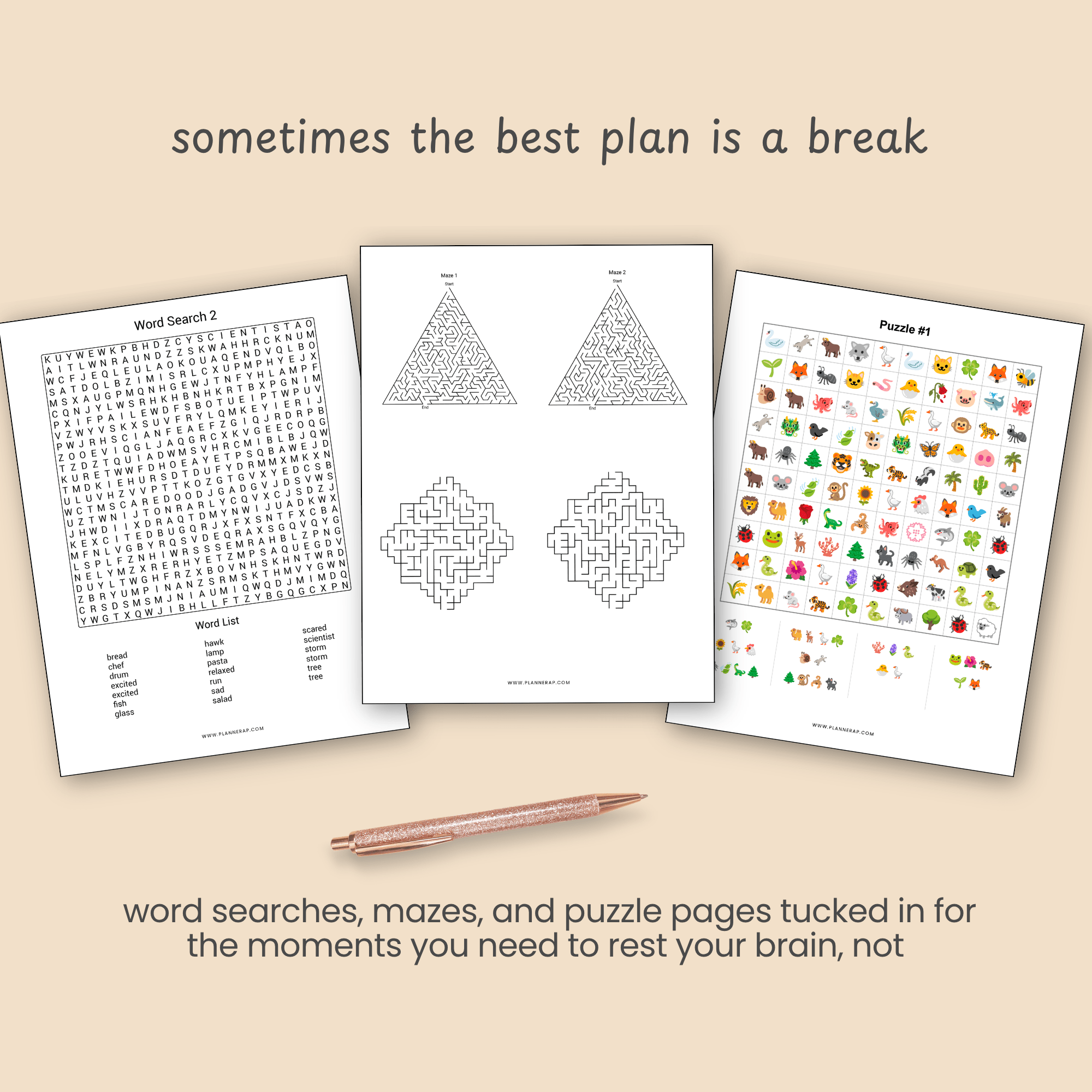 Slide showing a sample word search and maze puzzle page, framed as a quiet break included in the planner.