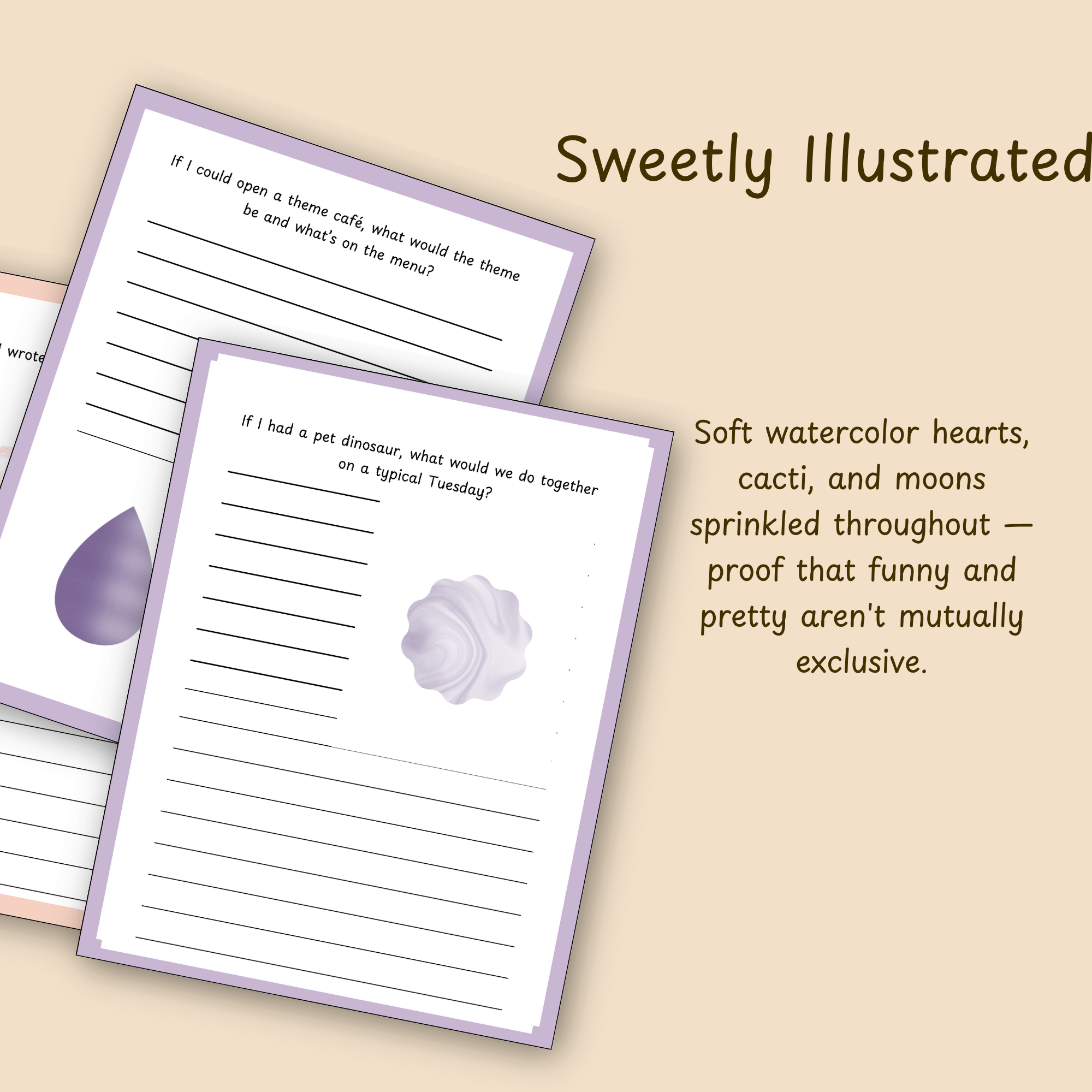 Close-up of a watercolor heart illustration beside a handwritten journal prompt.