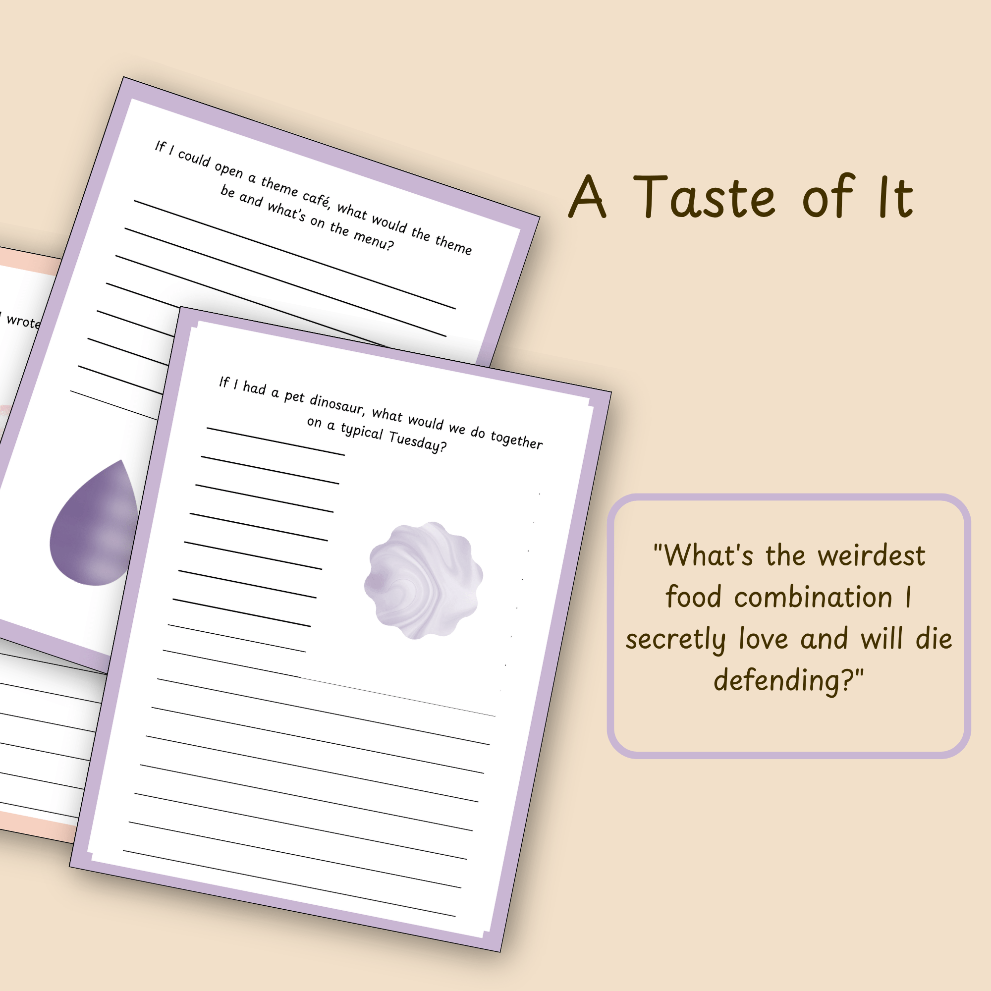 Callout slide showing a sample journal prompt from the This Definitely Happened humor journal, illustrating its playful, self-aware tone.