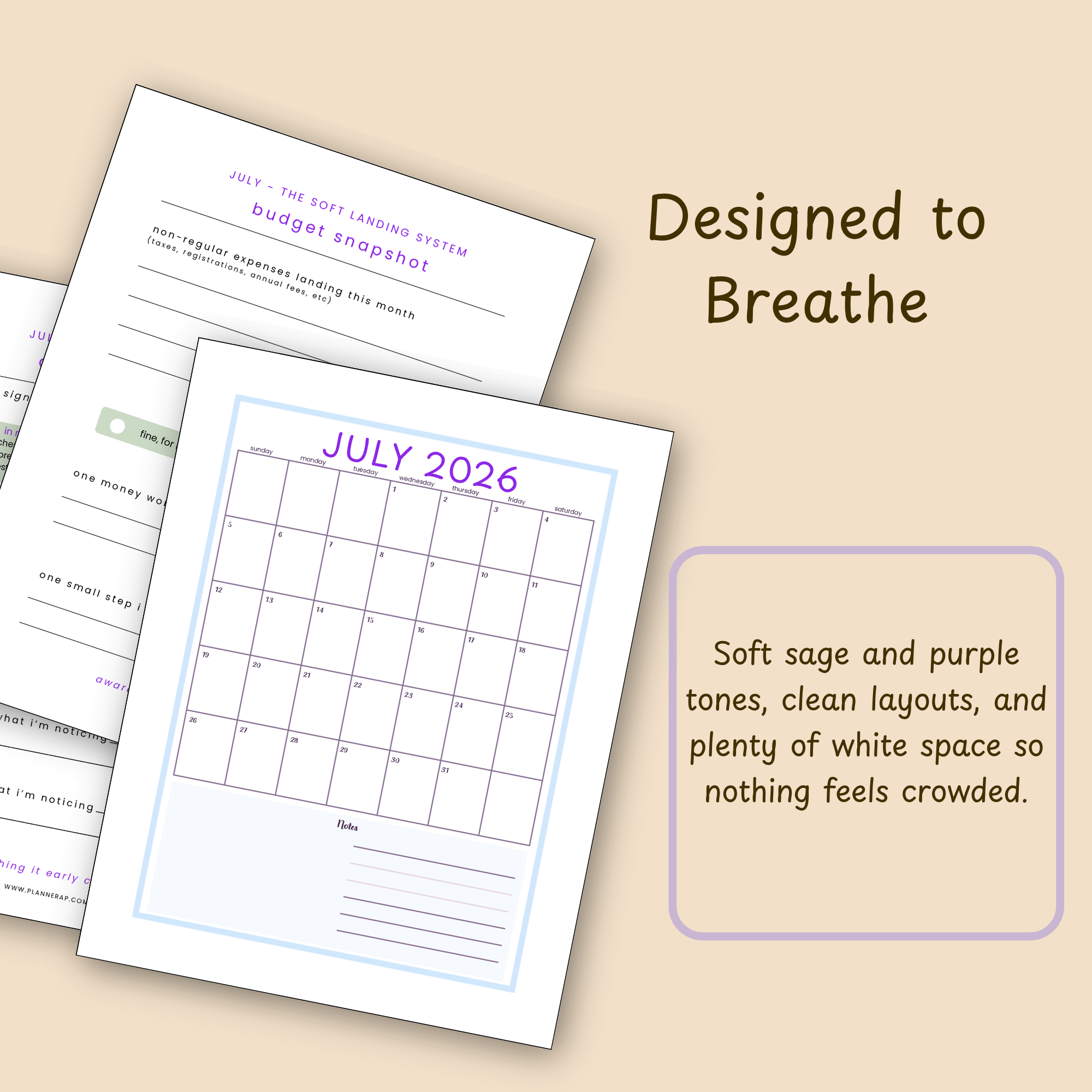 Close-up mockup highlighting the planner's soft sage and purple color palette and clean page layout.