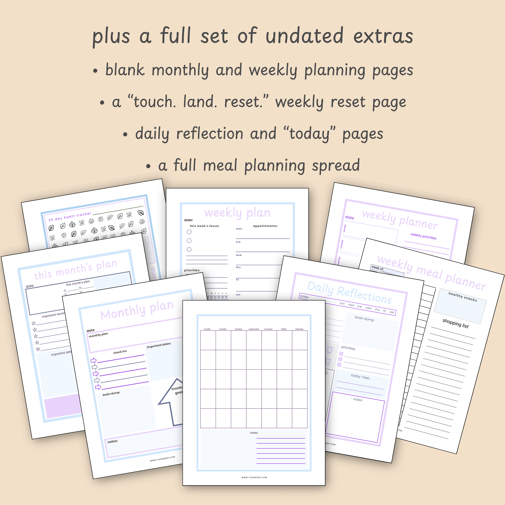 Collage slide showing a sample of the remaining undated bonus pages, including a weekly planner, daily reflection page, and meal planner.