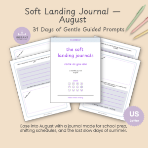 Cover mockup of the August Soft Landing Journal, a printable monthly guided journal with a daily prompt for every day of the month.