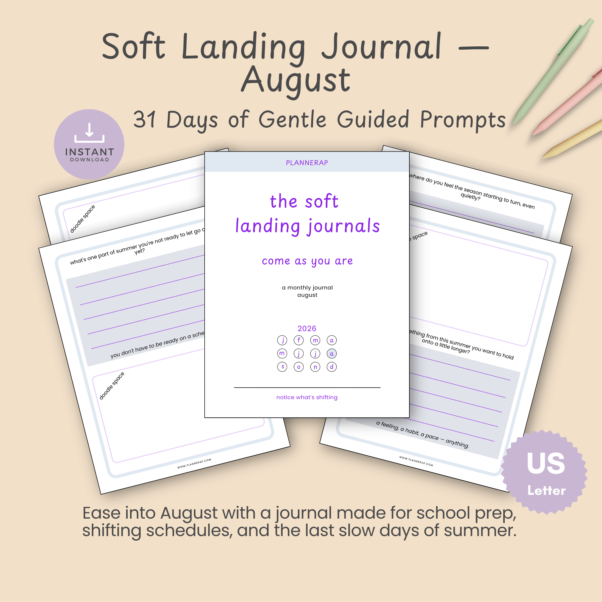 Cover mockup of the August Soft Landing Journal, a printable monthly guided journal with a daily prompt for every day of the month.