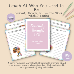Hero slide for the Back When Edition of Seriously Though LOL, a printable nostalgia journal with a pastel geometric cover design.