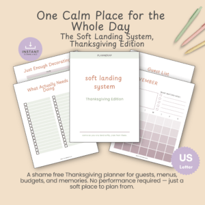 Cover mockup of the Soft Landing System Thanksgiving Edition, a printable planner for guests, menus, budgets, and memories.