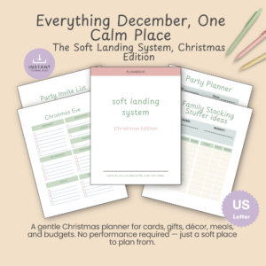 Cover mockup of the Soft Landing System Christmas Edition, a gentle printable planner for cards, gifts, decor, and meals.
