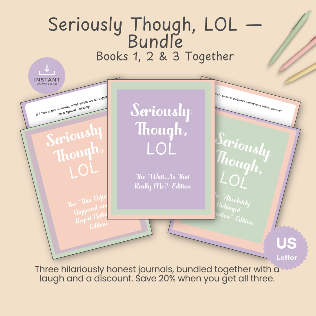 Cover mockups for the Seriously Though, LOL journal bundle, showing Books 1 through 3 of the humor journal series together.